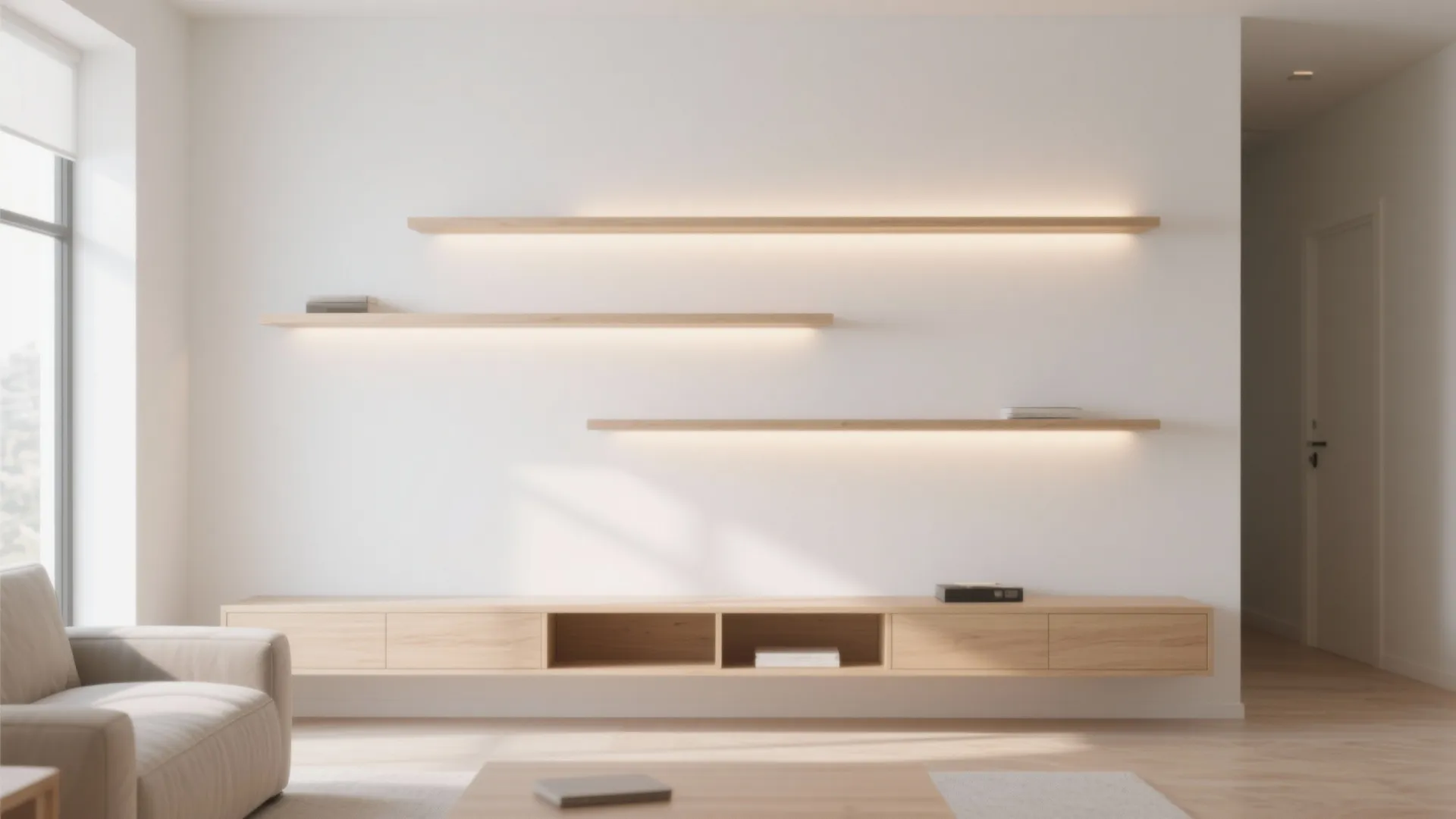Minimalist living room with wooden floating wall shelves featuring warm light and a long cabinet