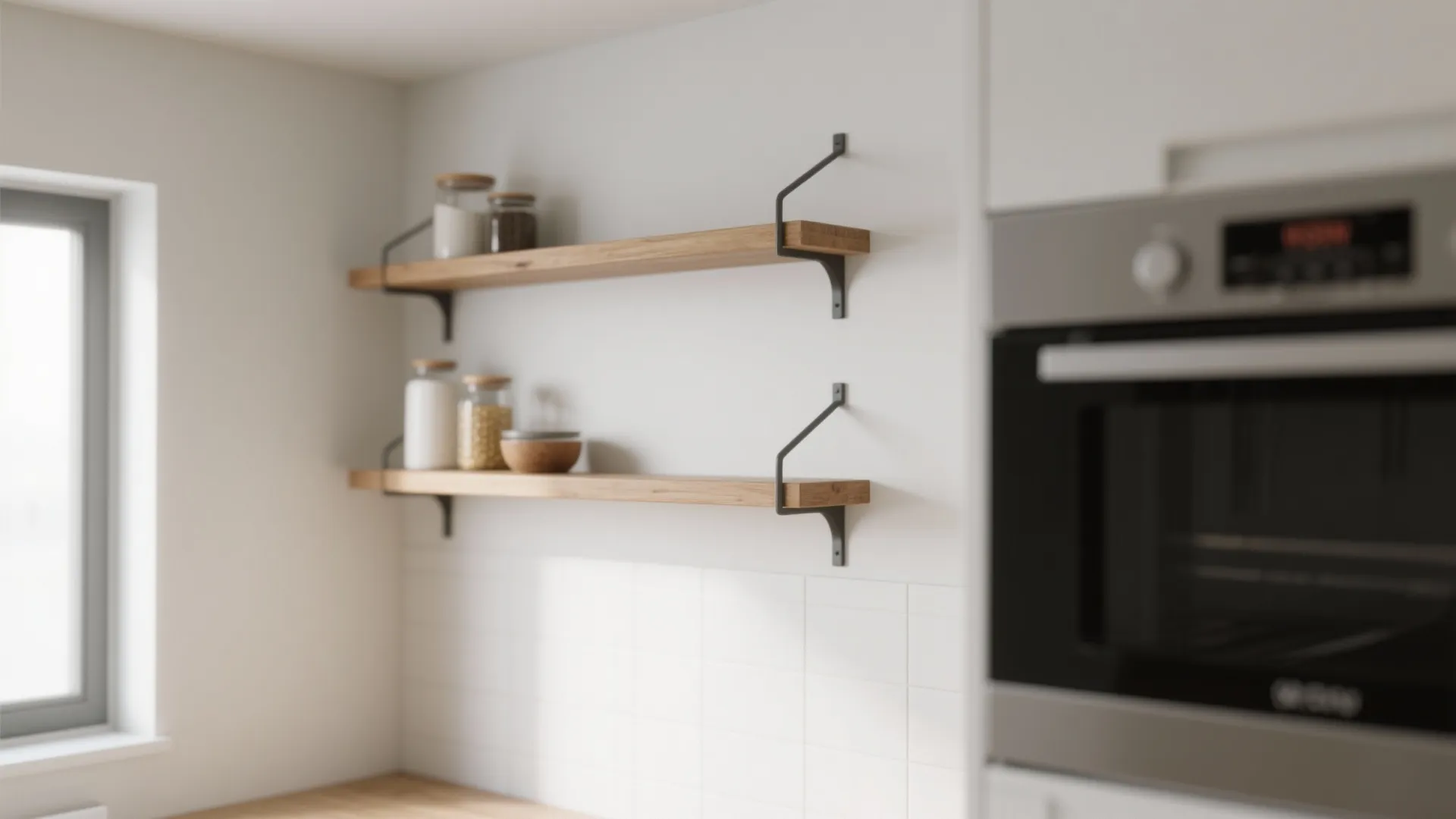 Kitchen wall with two wooden floating shelves holding jars next to a modern silver oven