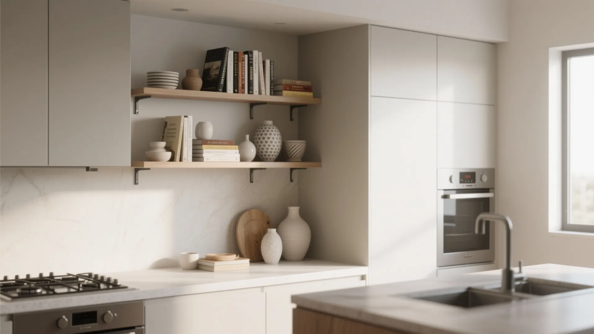 Modern kitchen with wooden floating shelves holding books and vases next to a built in oven