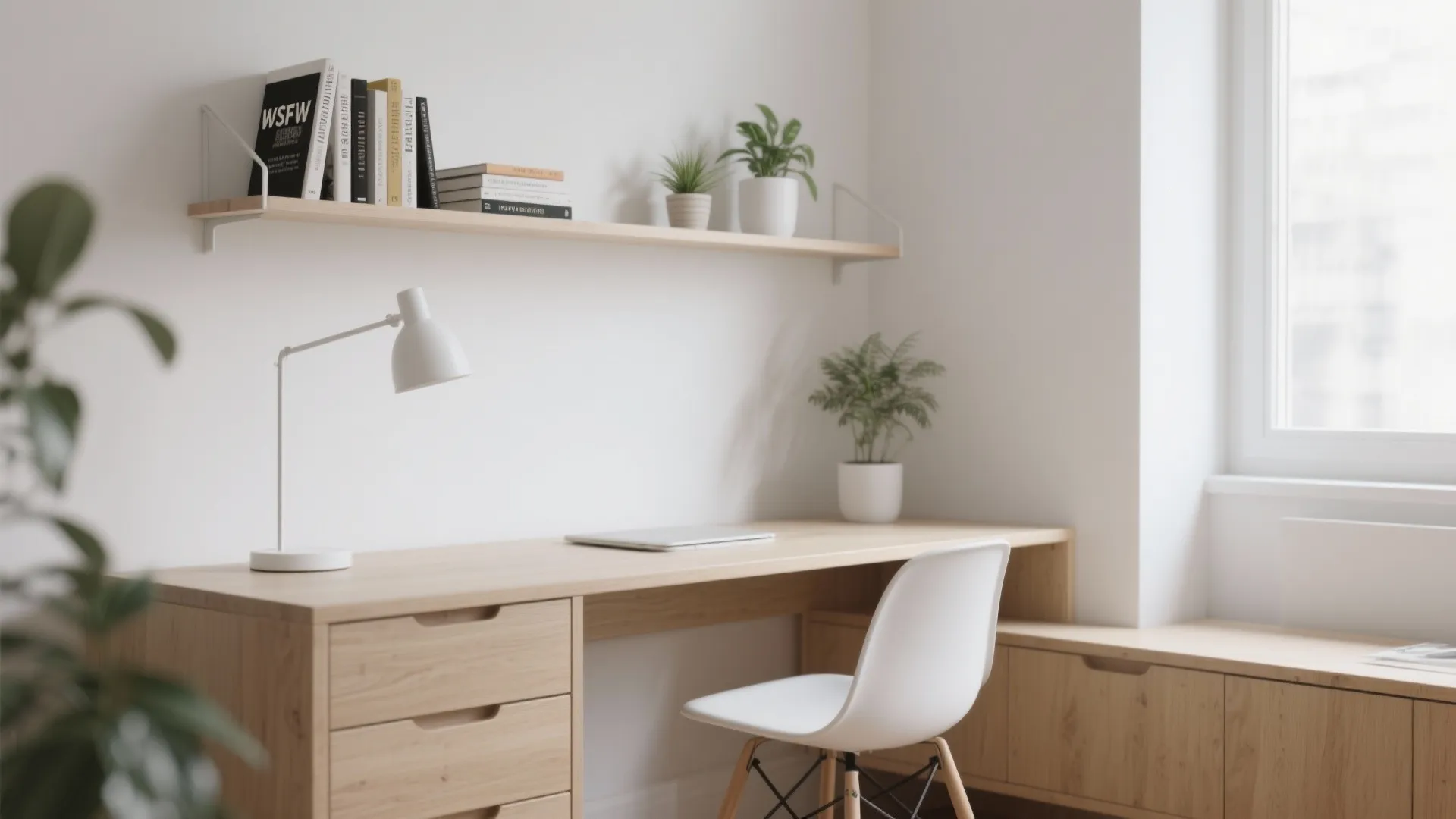 Minimalist study area with wooden desk white chair desk lamp wall shelf and small green plants