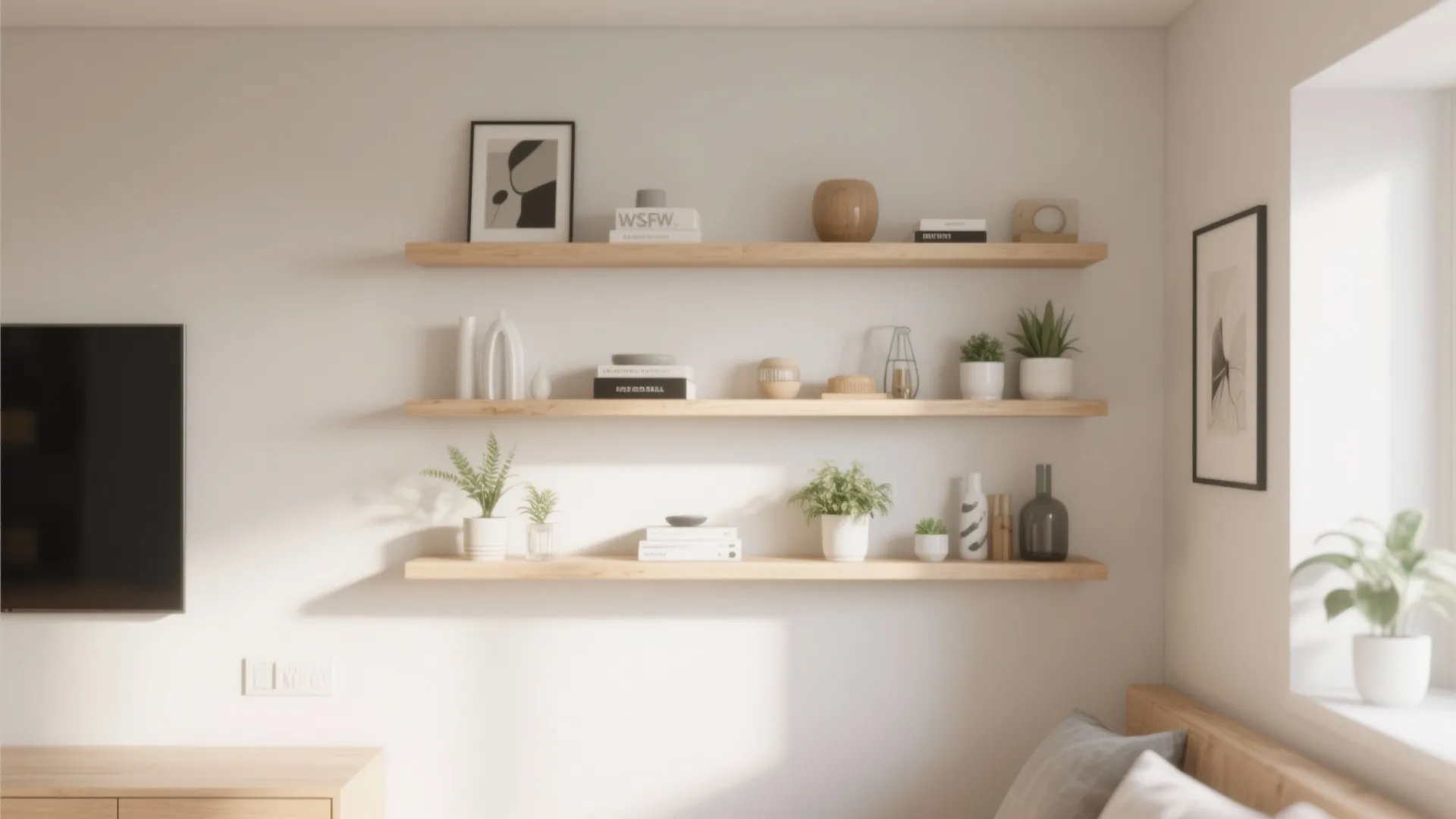 Three wooden floating shelves on white wall holding small green plants and simple white books