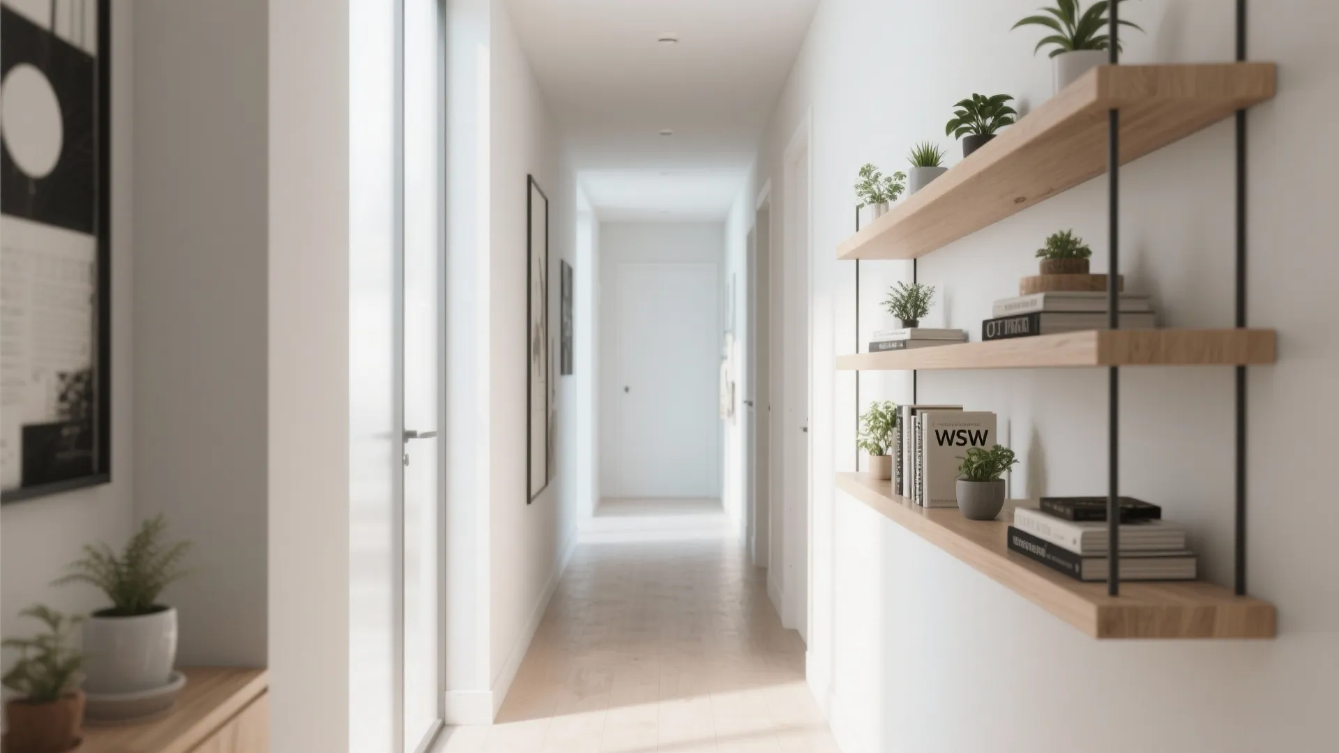 Modern white hallway featuring wall mounted wooden shelves with small green plants and several books