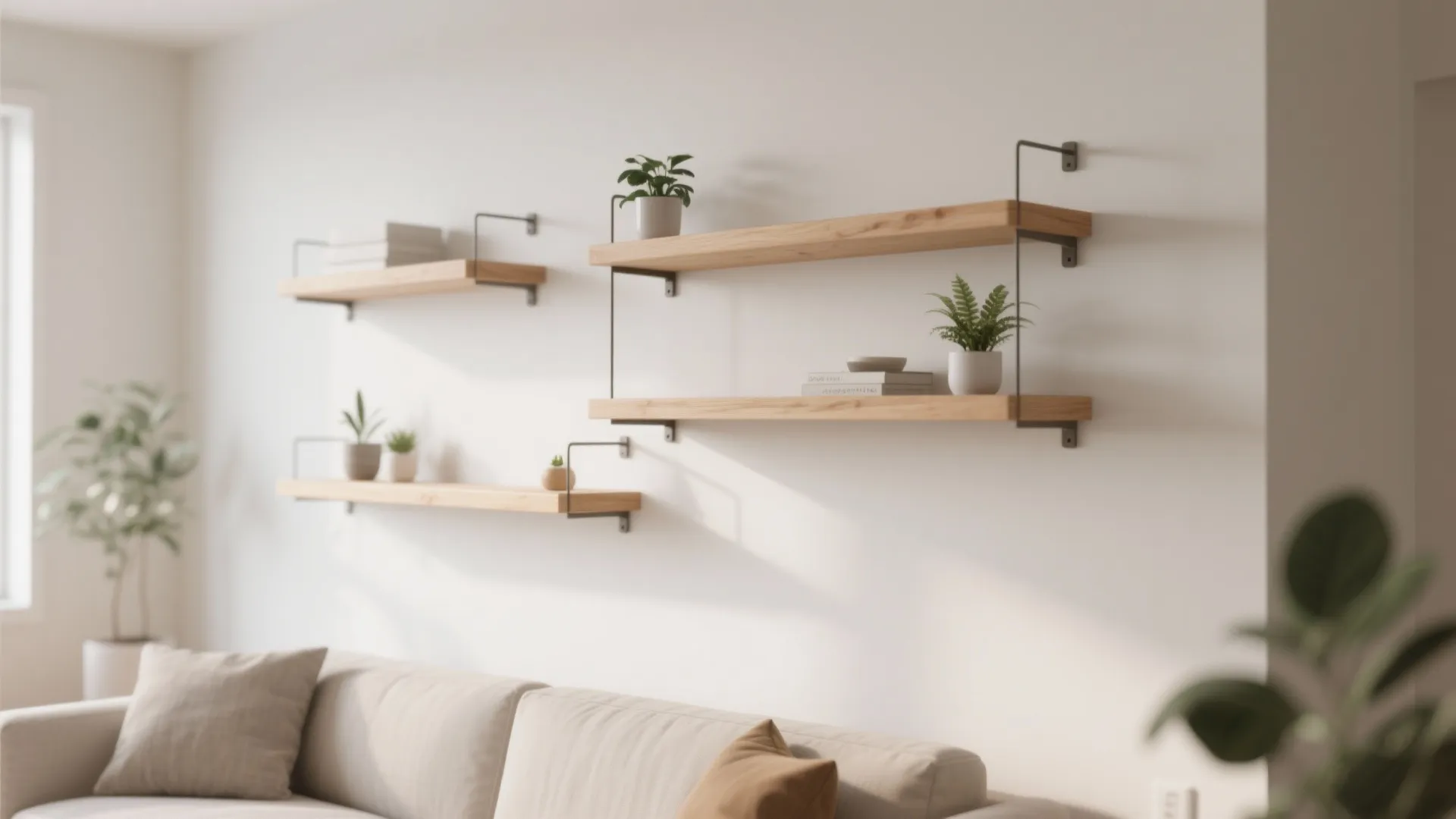 Minimalist living room with wooden wall shelves holding small green plants above a cream sofa