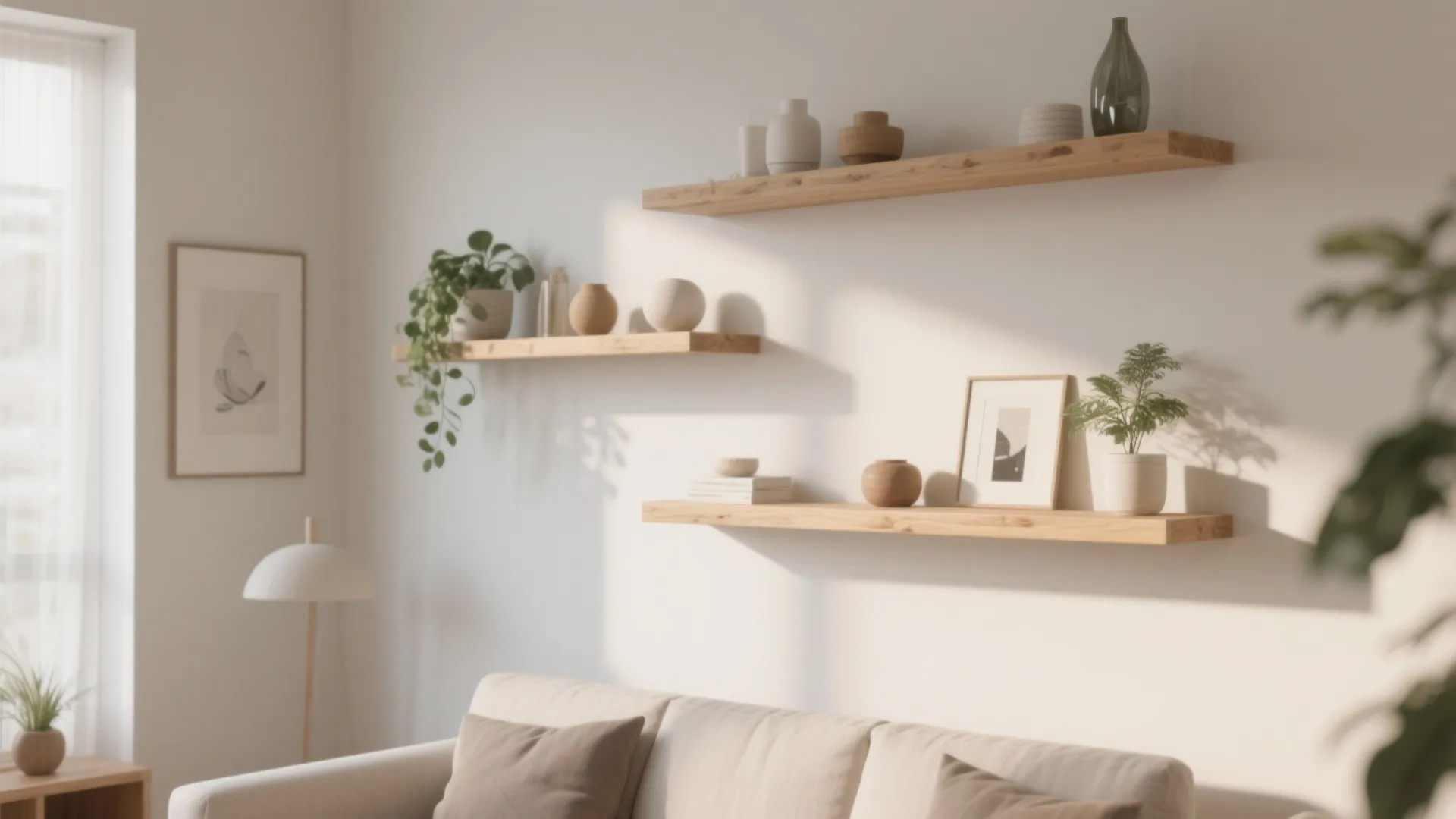 Minimalist wooden floating shelves with decor items in a bright living room