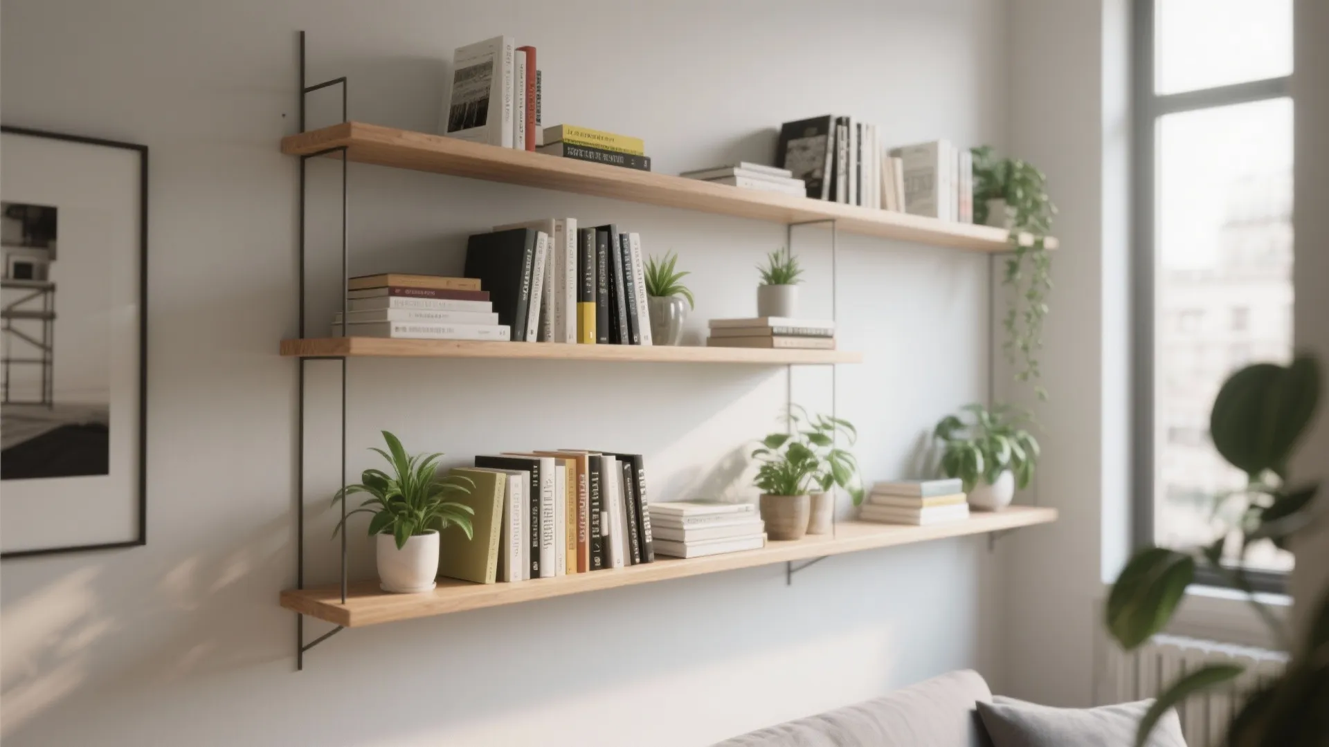 Minimalist wooden floating shelves on a white wall with several books and small green plants