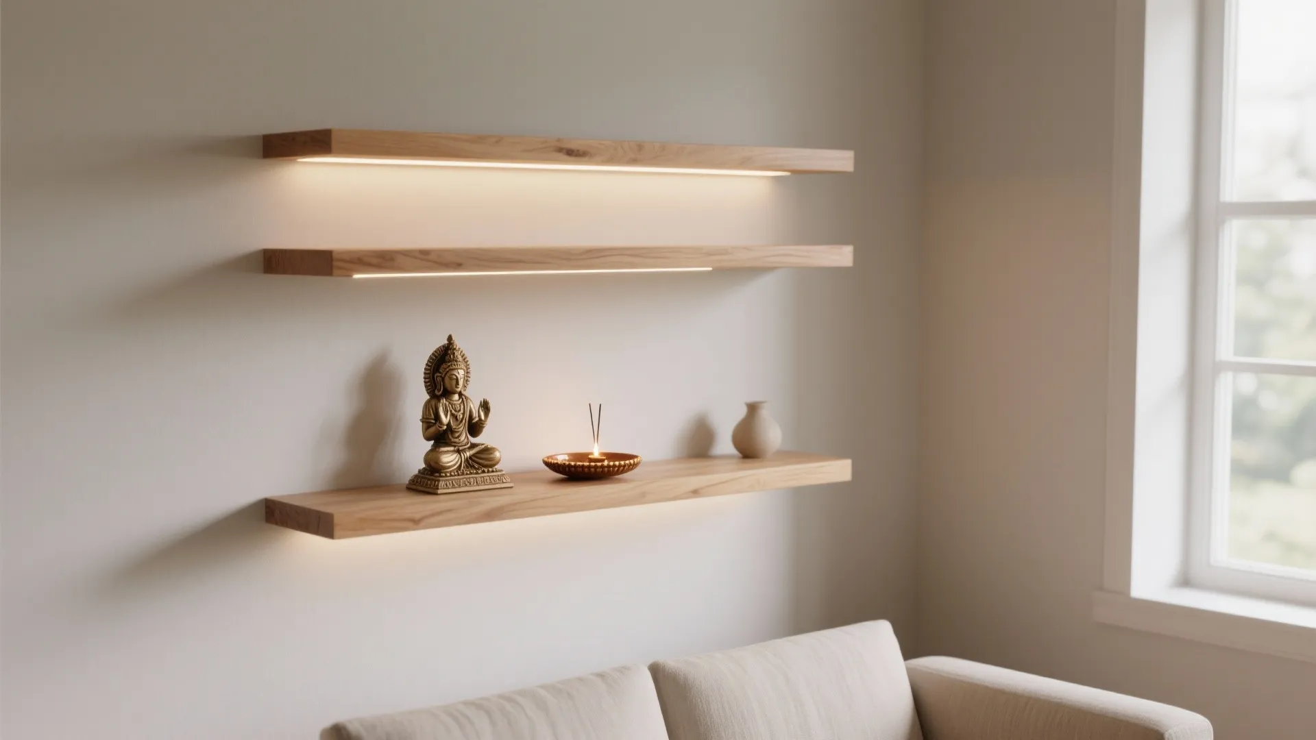 Minimalist corner mandir with floating oak shelves and soft under-shelf LEDs in a small living room.