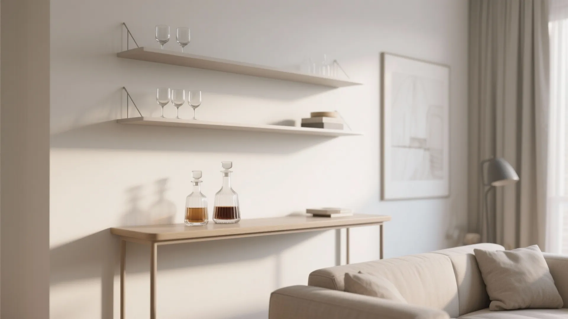 1. Minimalist Floating Shelves as a Drink Station
