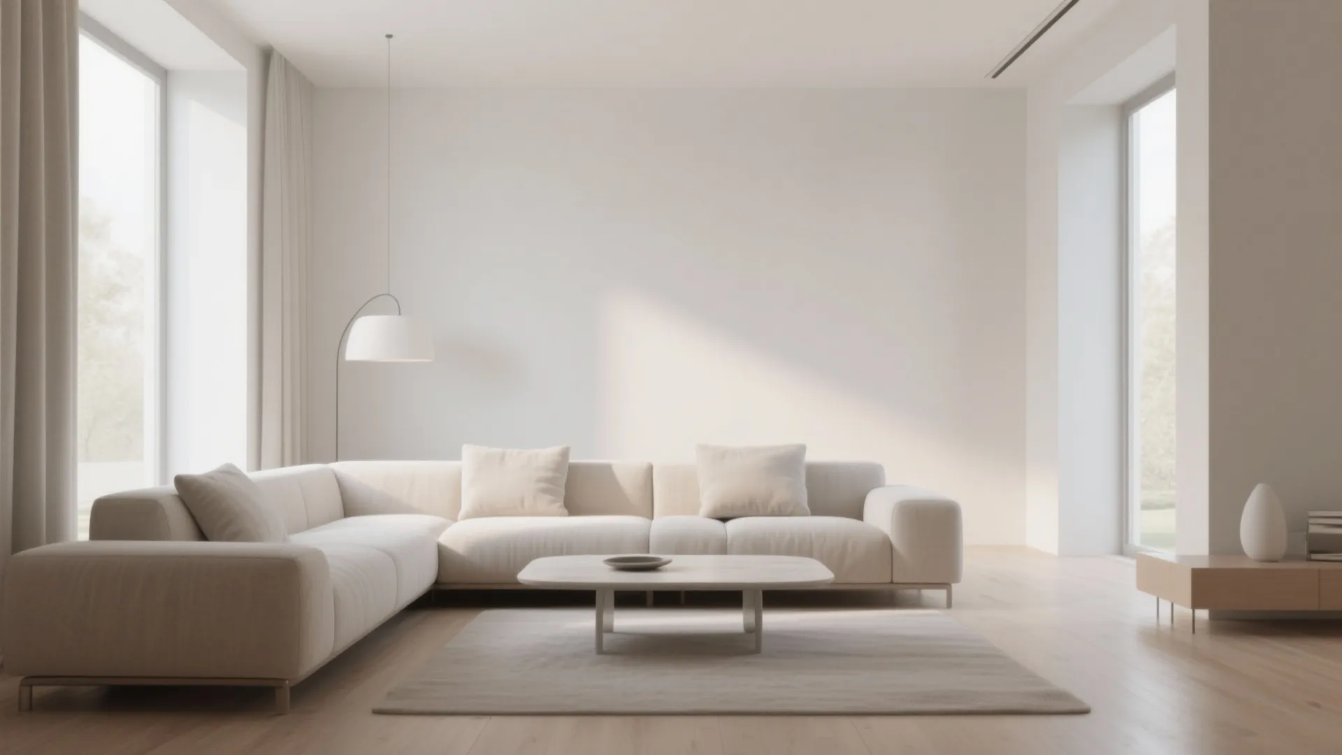 Minimalist living room with white corner sofa, low coffee table, rug, and simple floor lamp