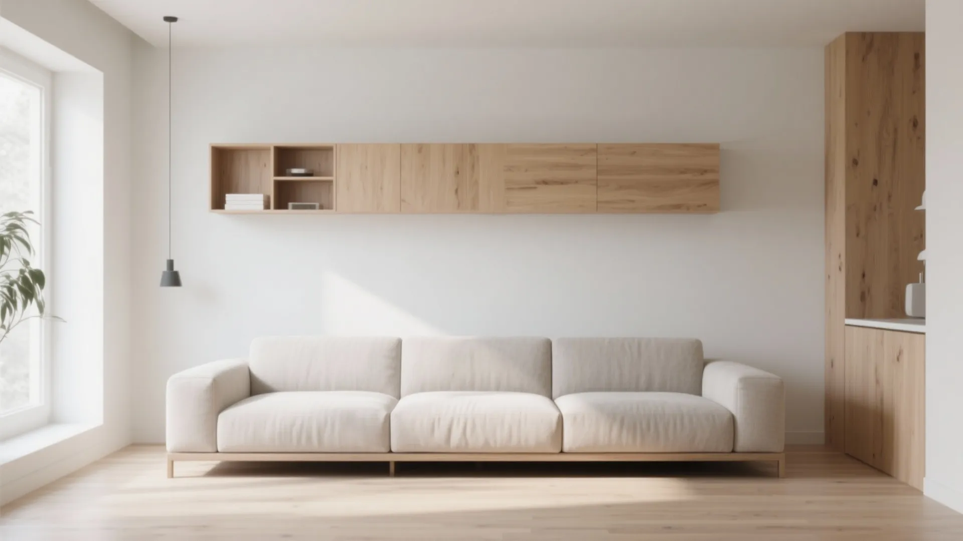 Minimalist beige sofa below wooden wall mounted cabinet in bright room with light wood flooring