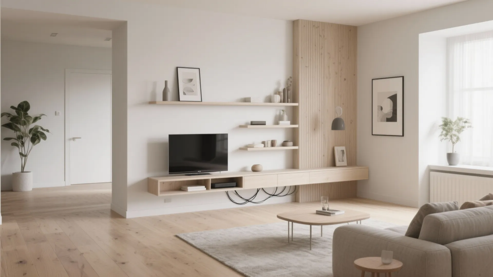 Scandinavian style living room with a wall-mounted floating TV stand