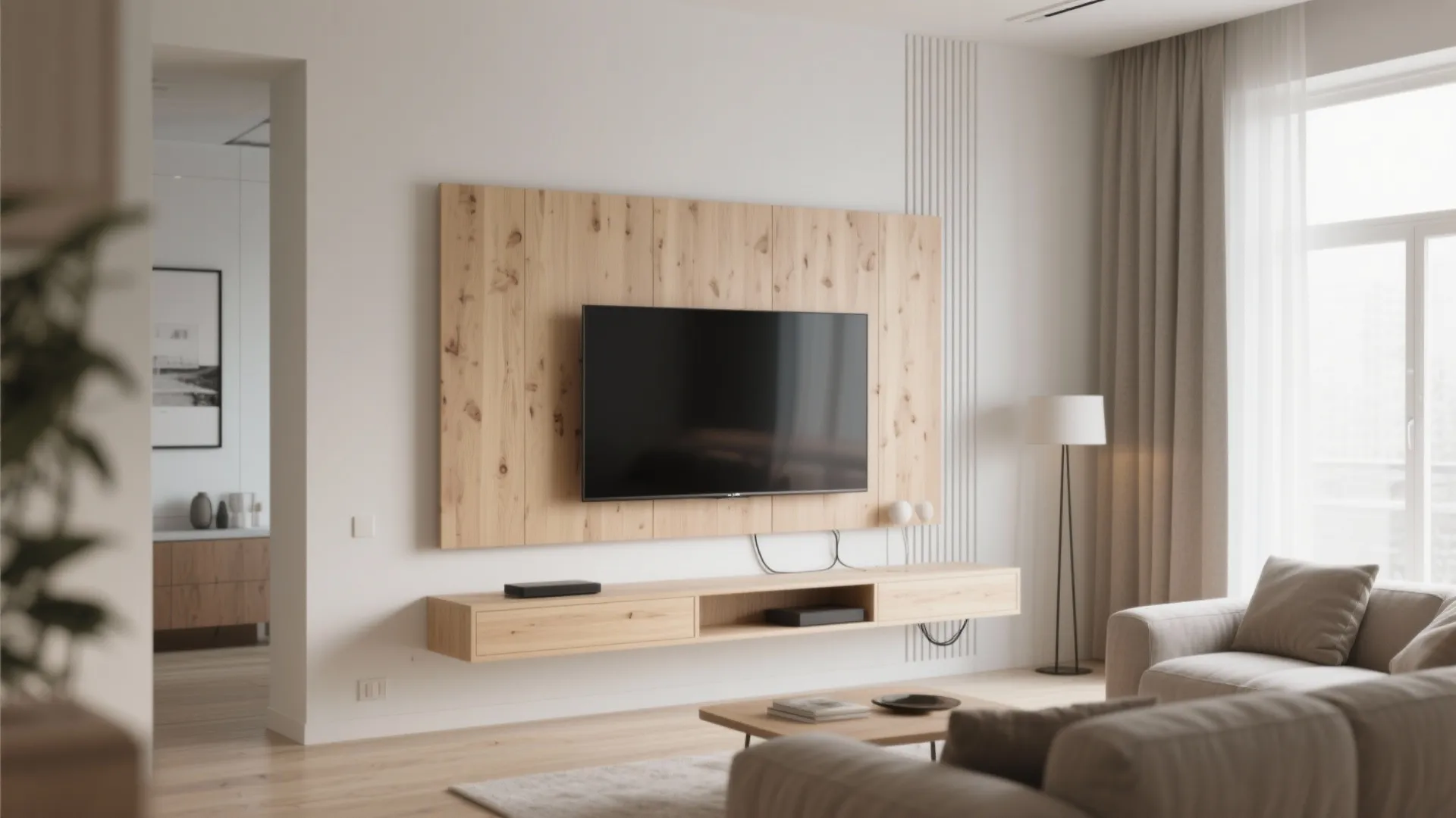 Minimalist living room featuring a wooden wall panel for television, floating cabinet, and grey sofa
