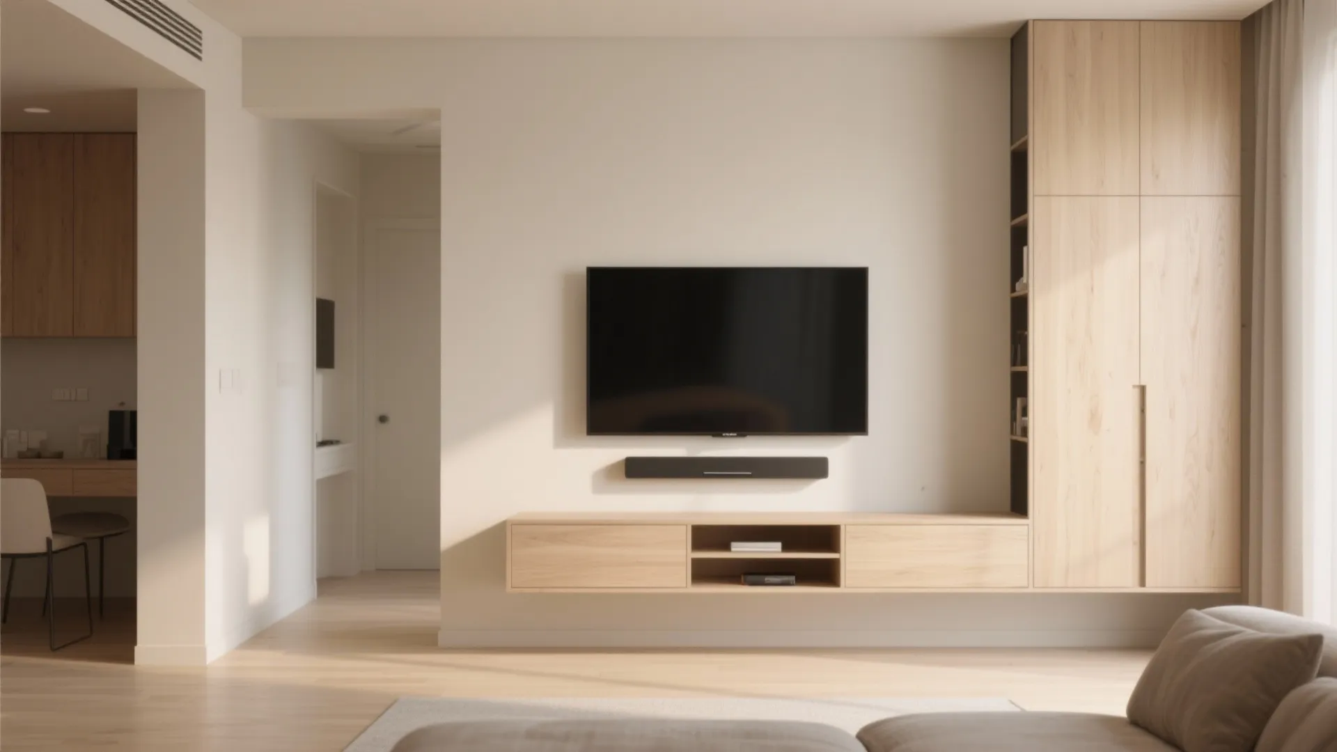 Minimalist floating TV unit in small living room design