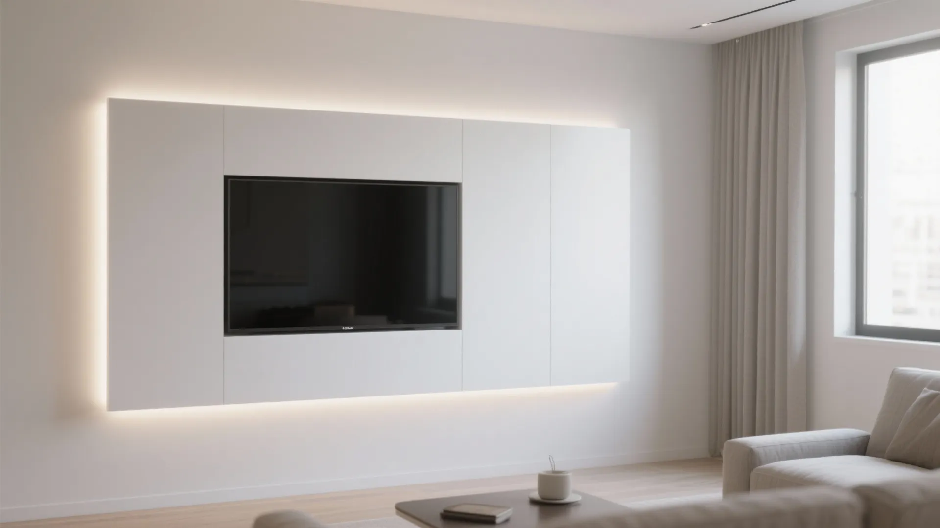 Minimalist white floating television cabinet with backlighting mounted on a clean white wall in room