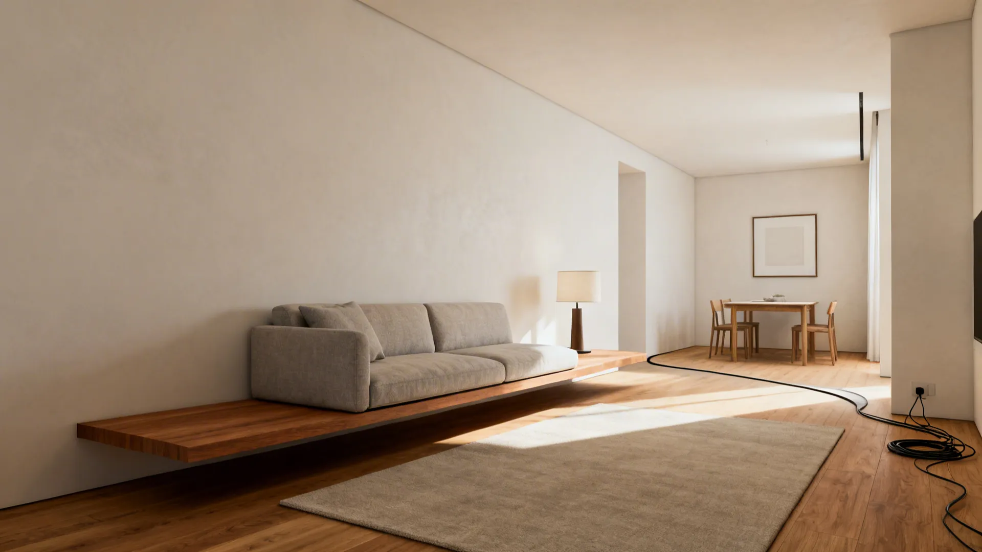 Minimalist L-shaped lounge with a floating sofa on a rug and a slim console creating a clear pathway.