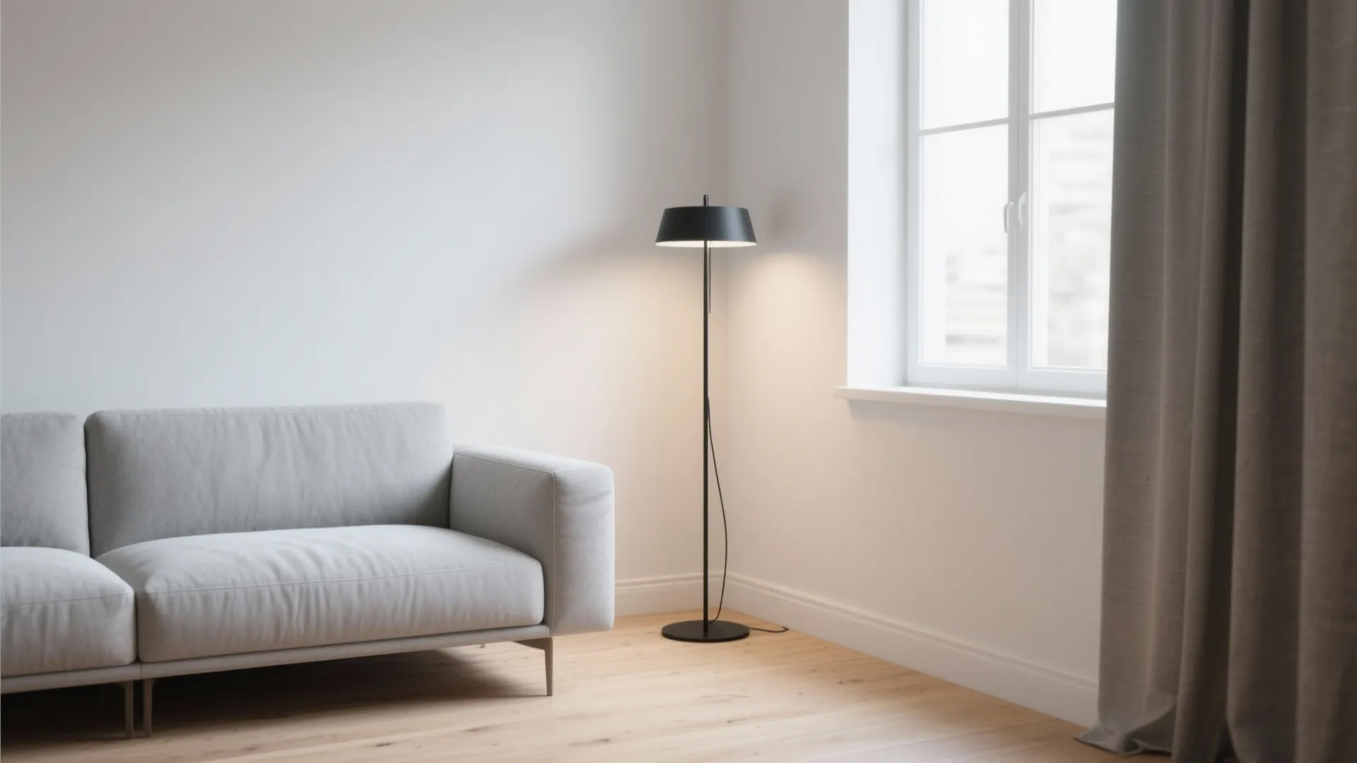 Modern black floor lamp standing next to grey sofa in minimalist room with wooden floor