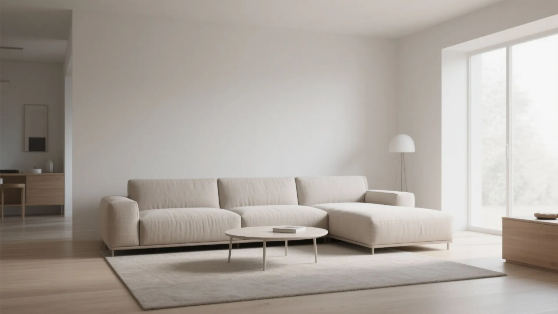 Minimalist living room featuring cream sofa wooden floor round coffee table and large glass door