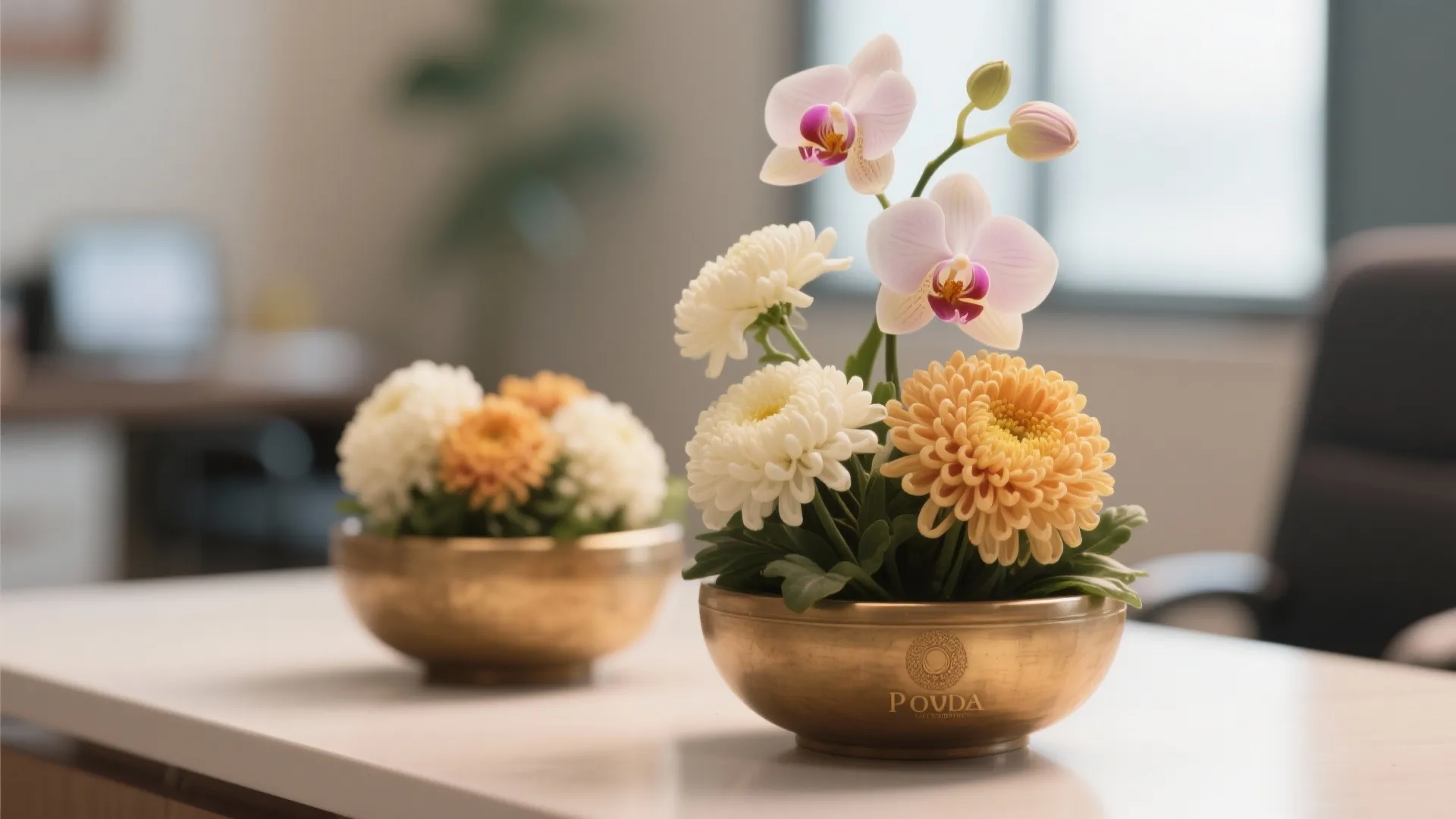 Minimalist floral bowls with orchids and chrysanthemums for office Pooja