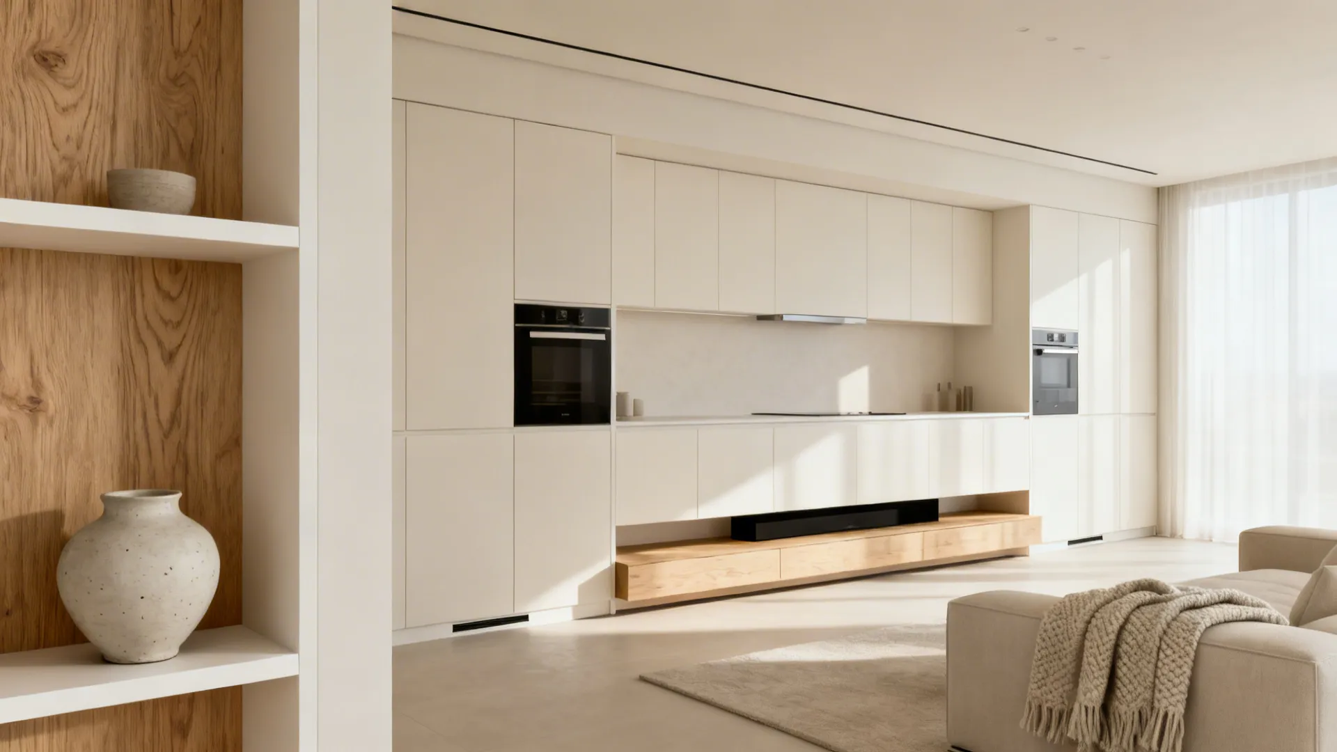 Handleless flat-front cabinets flow from kitchen to media console for a calm, minimalist look.