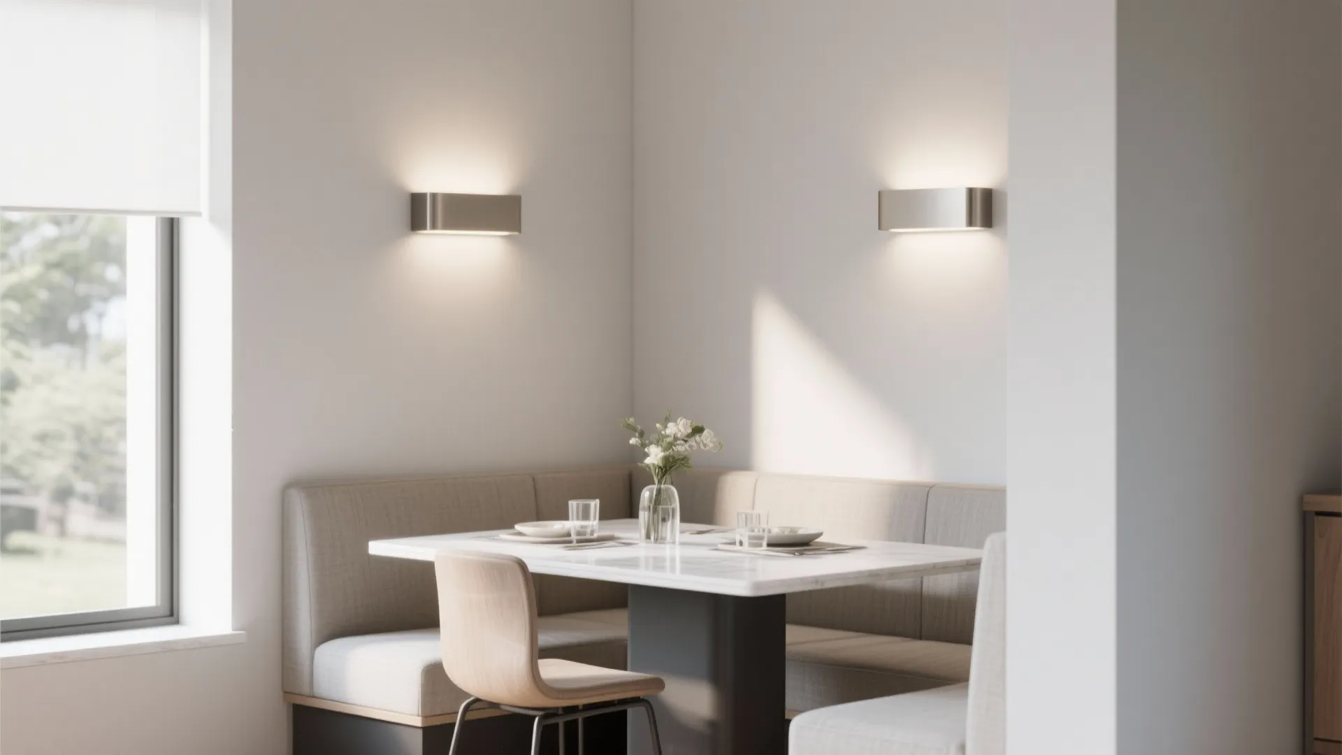Small dining space with flush-mounted minimalist sconces