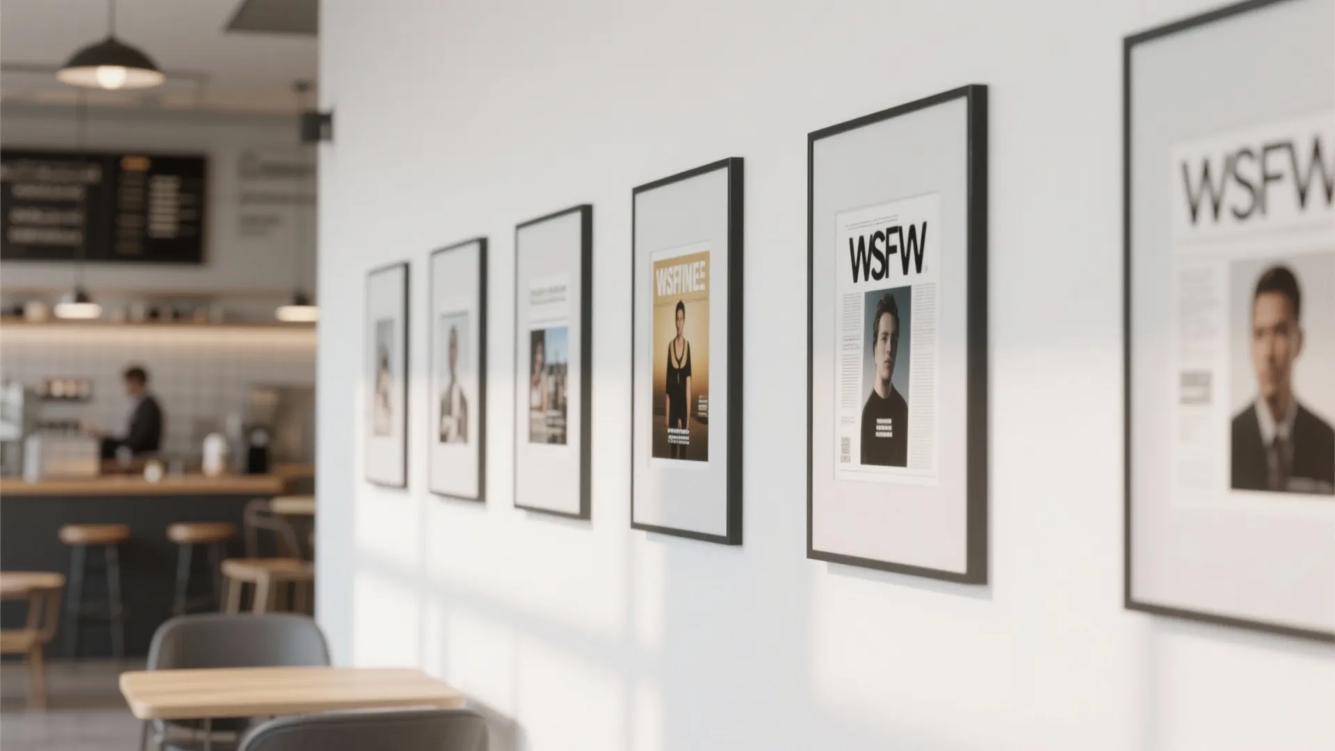 Row of black picture frames on a white wall in a modern cafe with tables