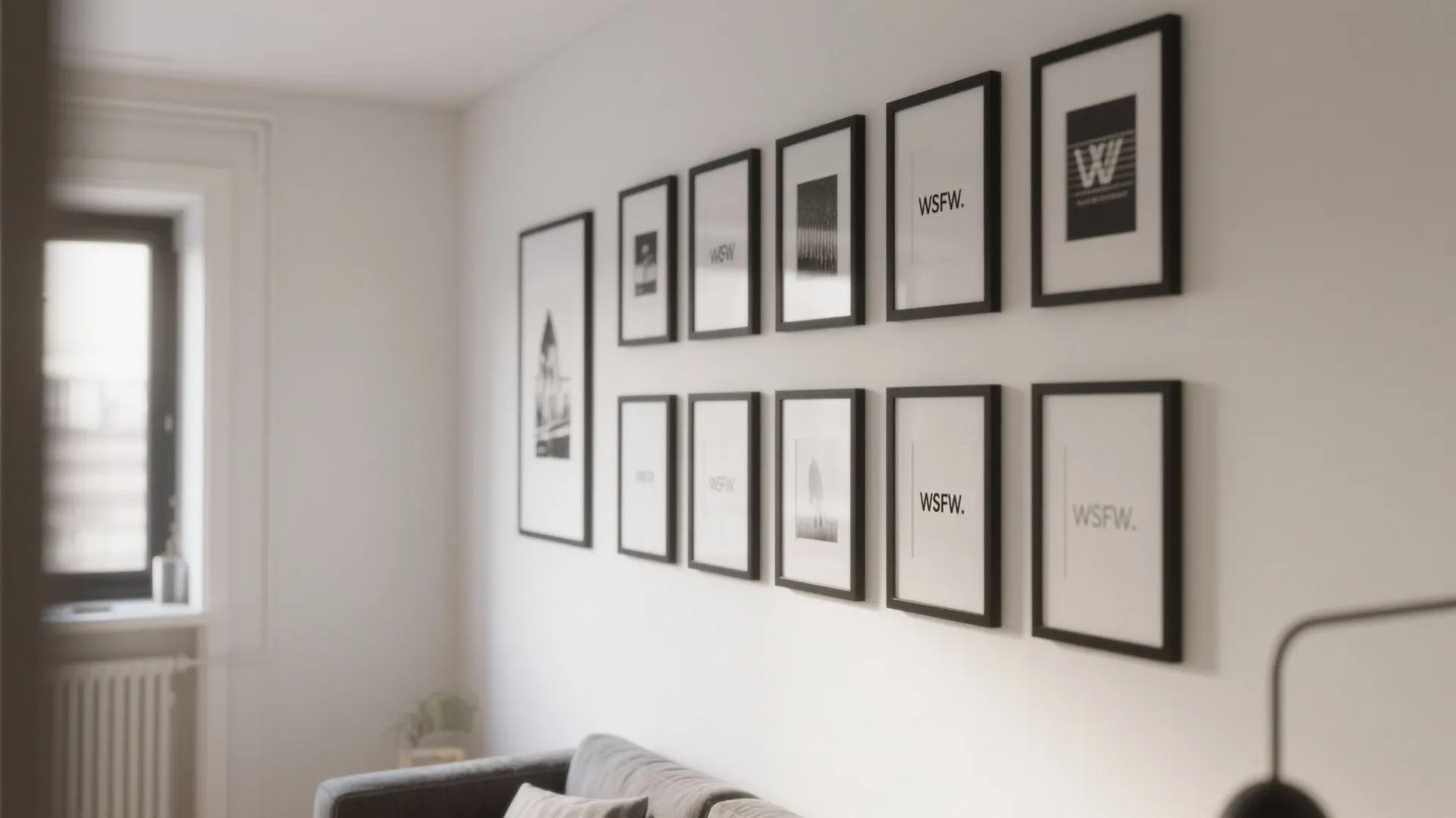 Minimalist wall gallery with rows of black frames above a grey sofa in bright room
