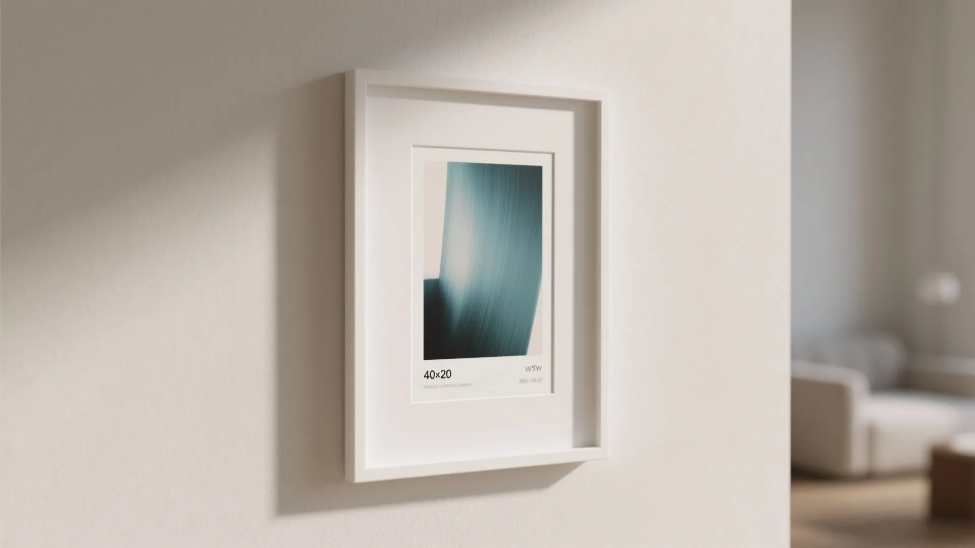 Close-up of slim white frame for 40x20 art print