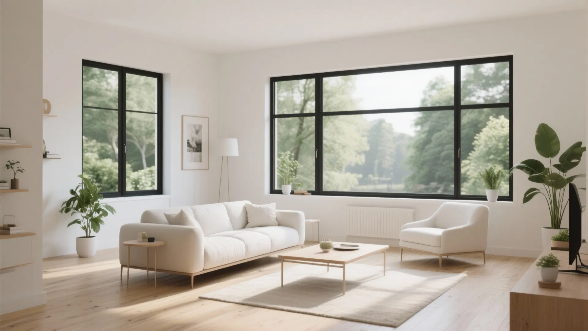 Scandinavian living room with slim-frame windows and natural light