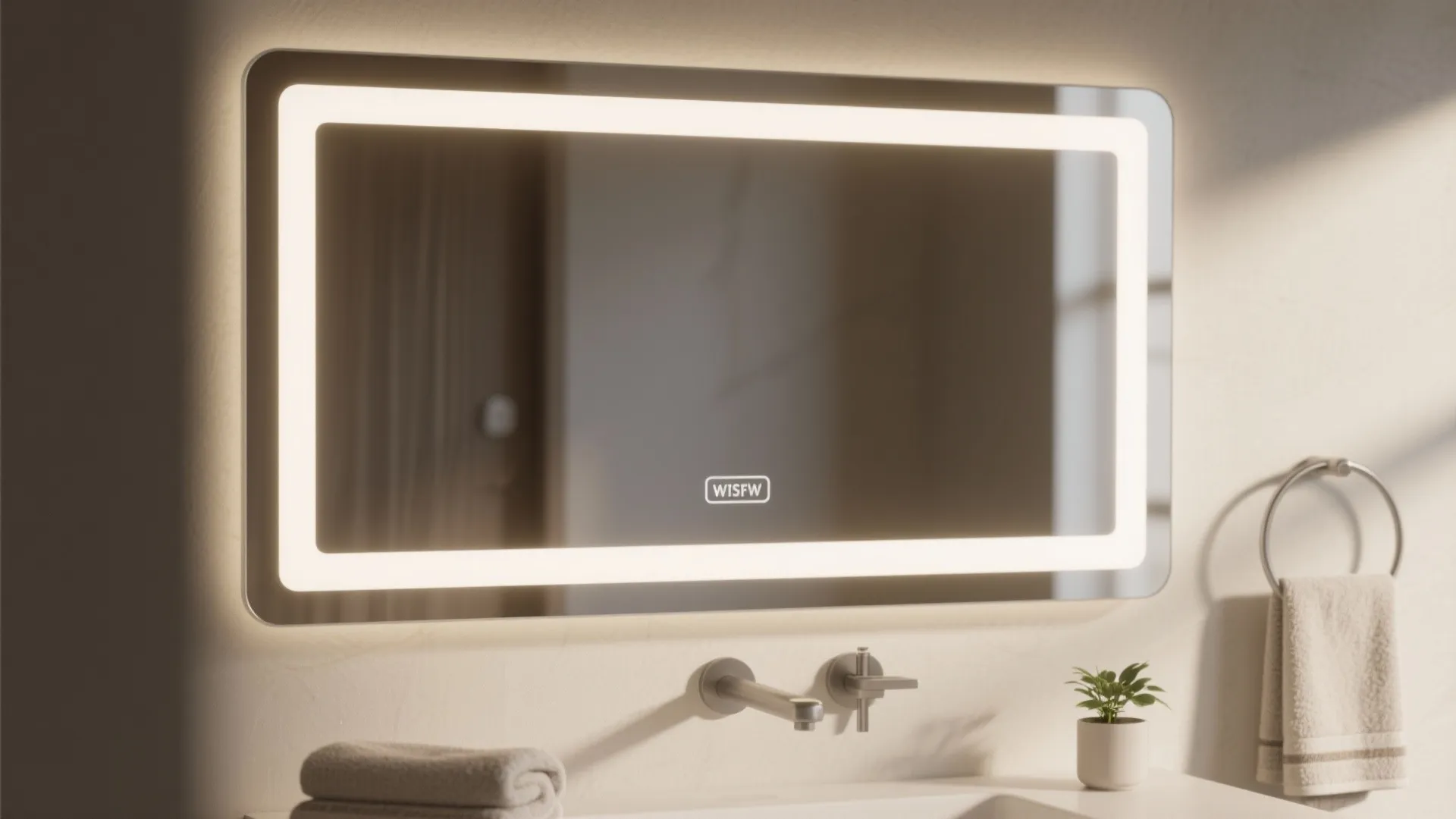 Rectangular lighted mirror above white sink with silver faucet towel ring and small green plant decoration