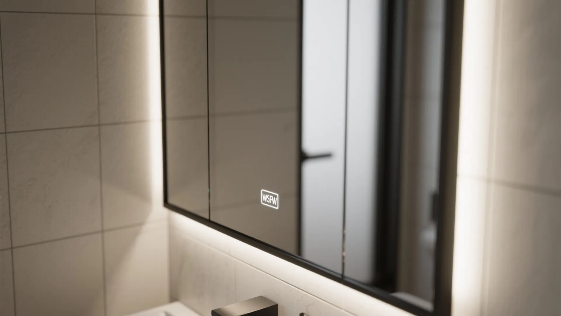 Close up view of a modern black framed mirror with built in light and digital display