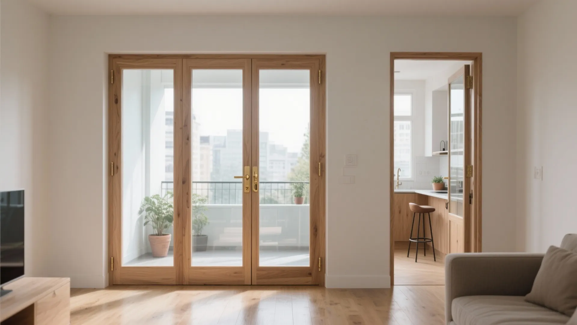 Bright living room featuring wooden glass doors leading to a balcony next to a kitchen space