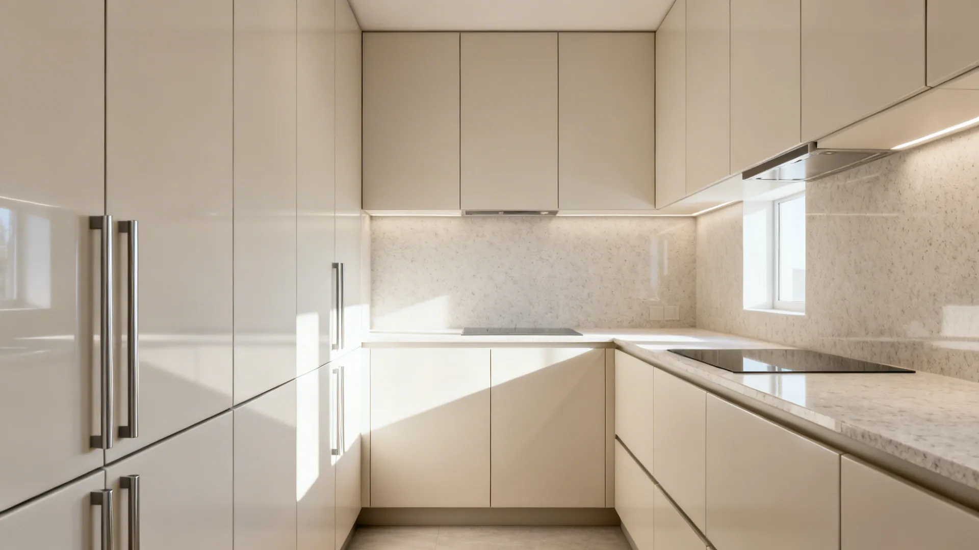 Minimalist flat-panel kitchen cabinets with integrated pulls and tight reveals in a small galley layout.