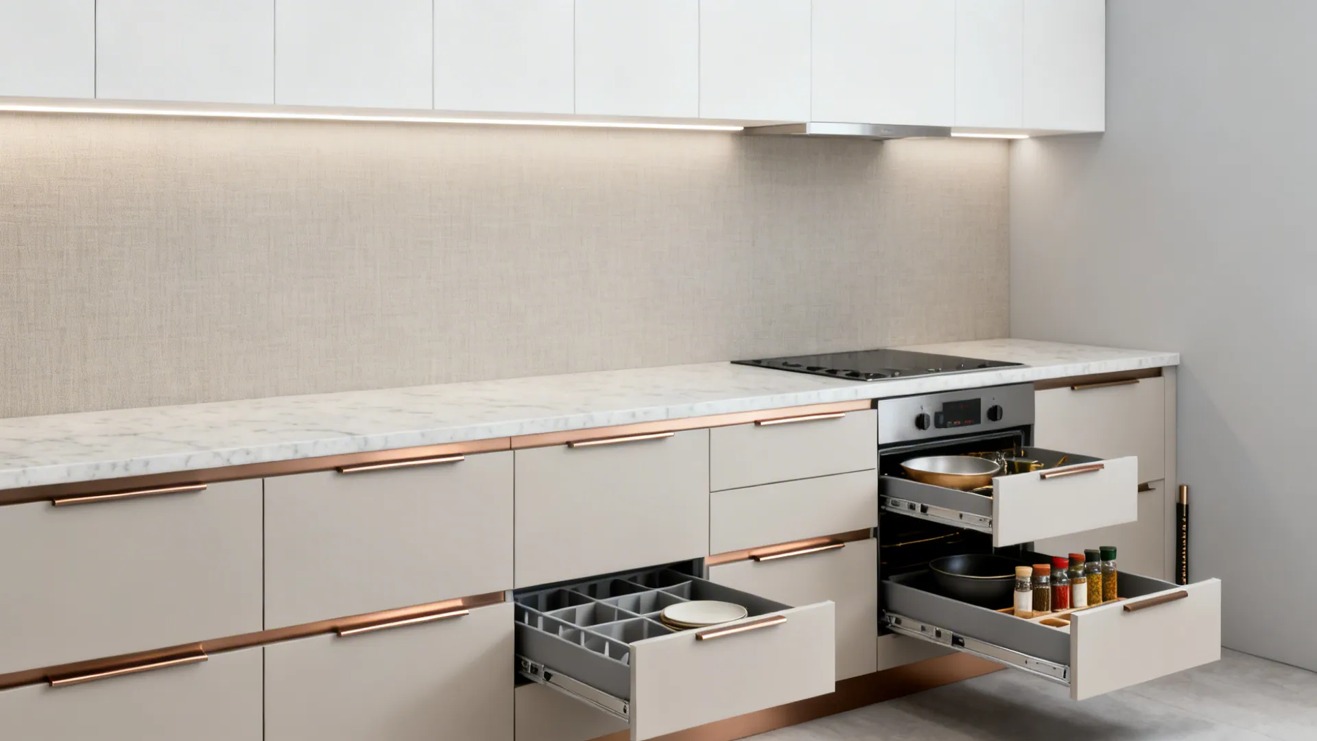 Minimalist matte slab kitchen cabinets with slim pulls and smart pull-out organizers.