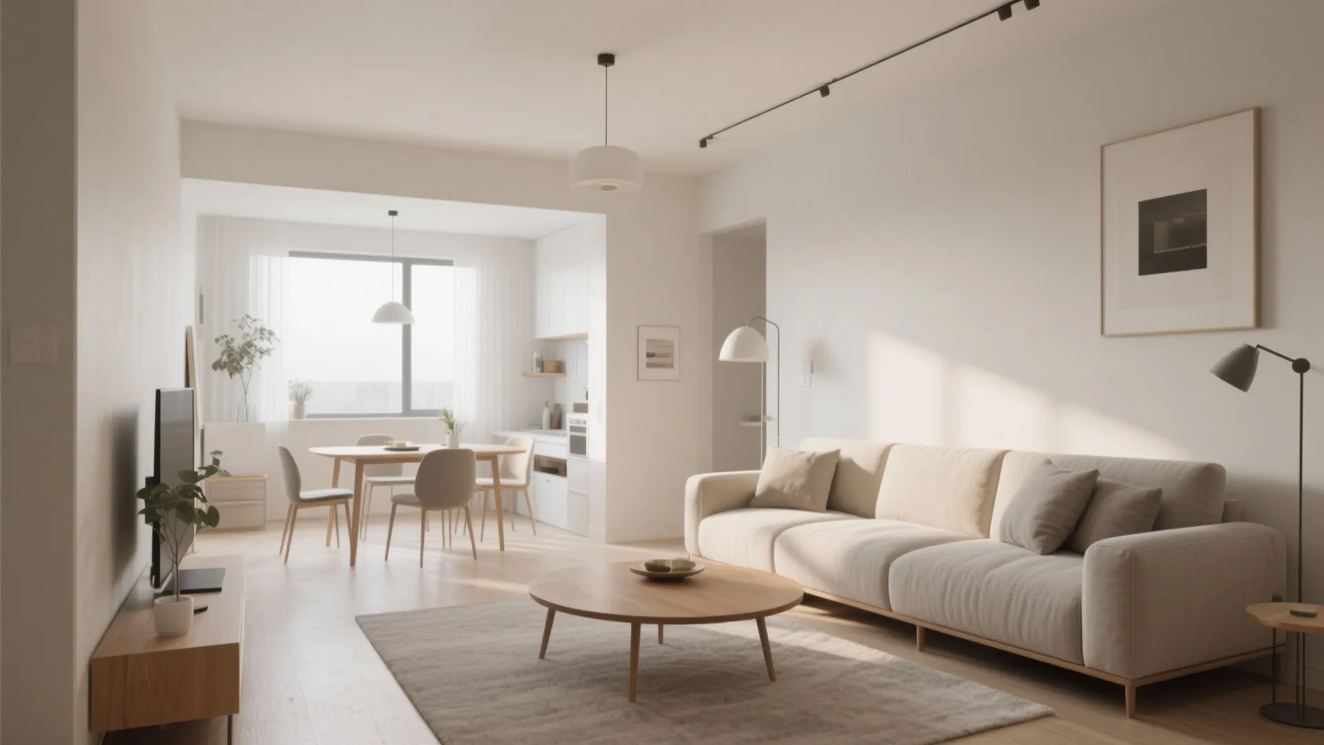 Small living dining area with slim sofa and round table