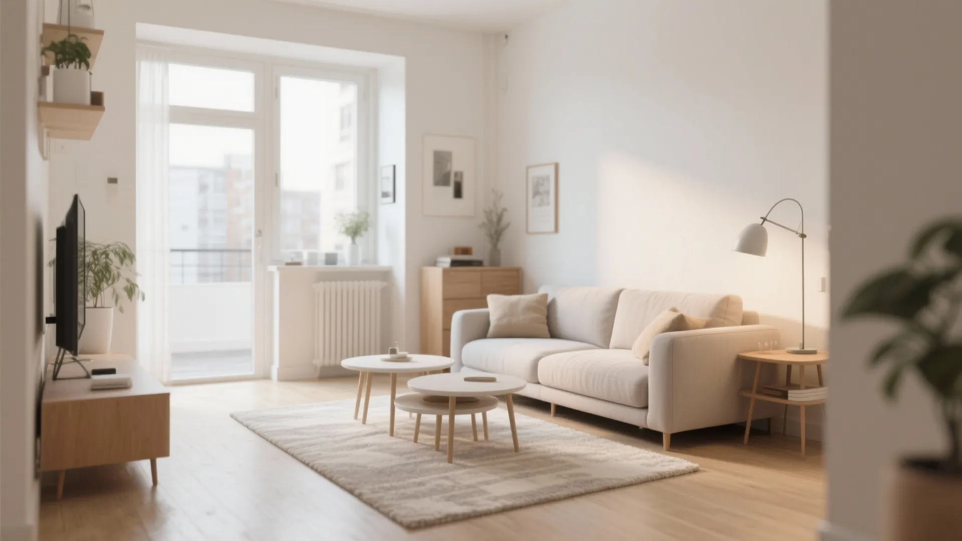 Minimalist sofa and nesting coffee tables in bright living room