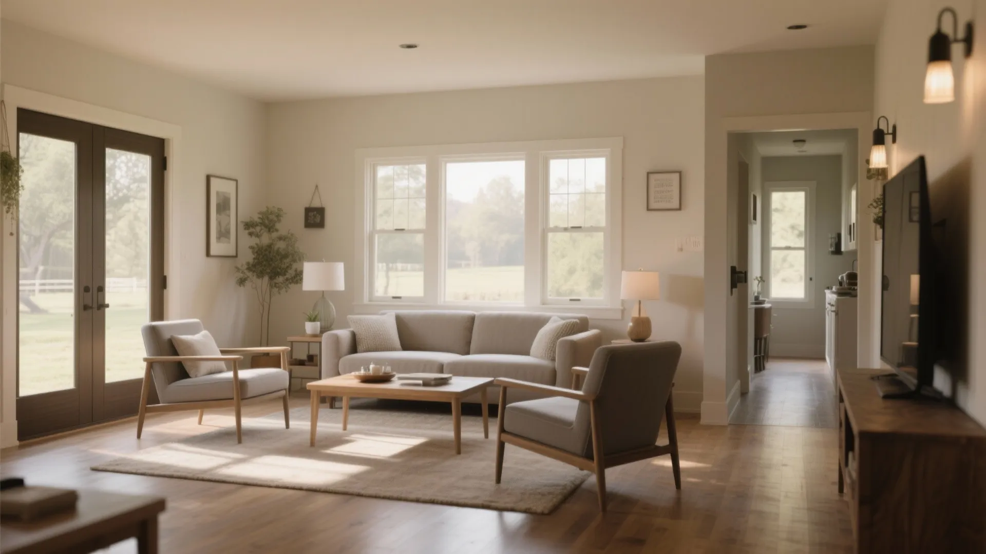 Modern bright living room featuring grey sofa armchairs wooden coffee table and wall light fixture setup