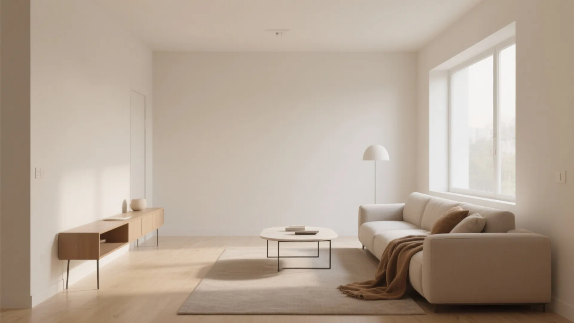 Minimalist living room layout with low-profile sofa and open-legged coffee table