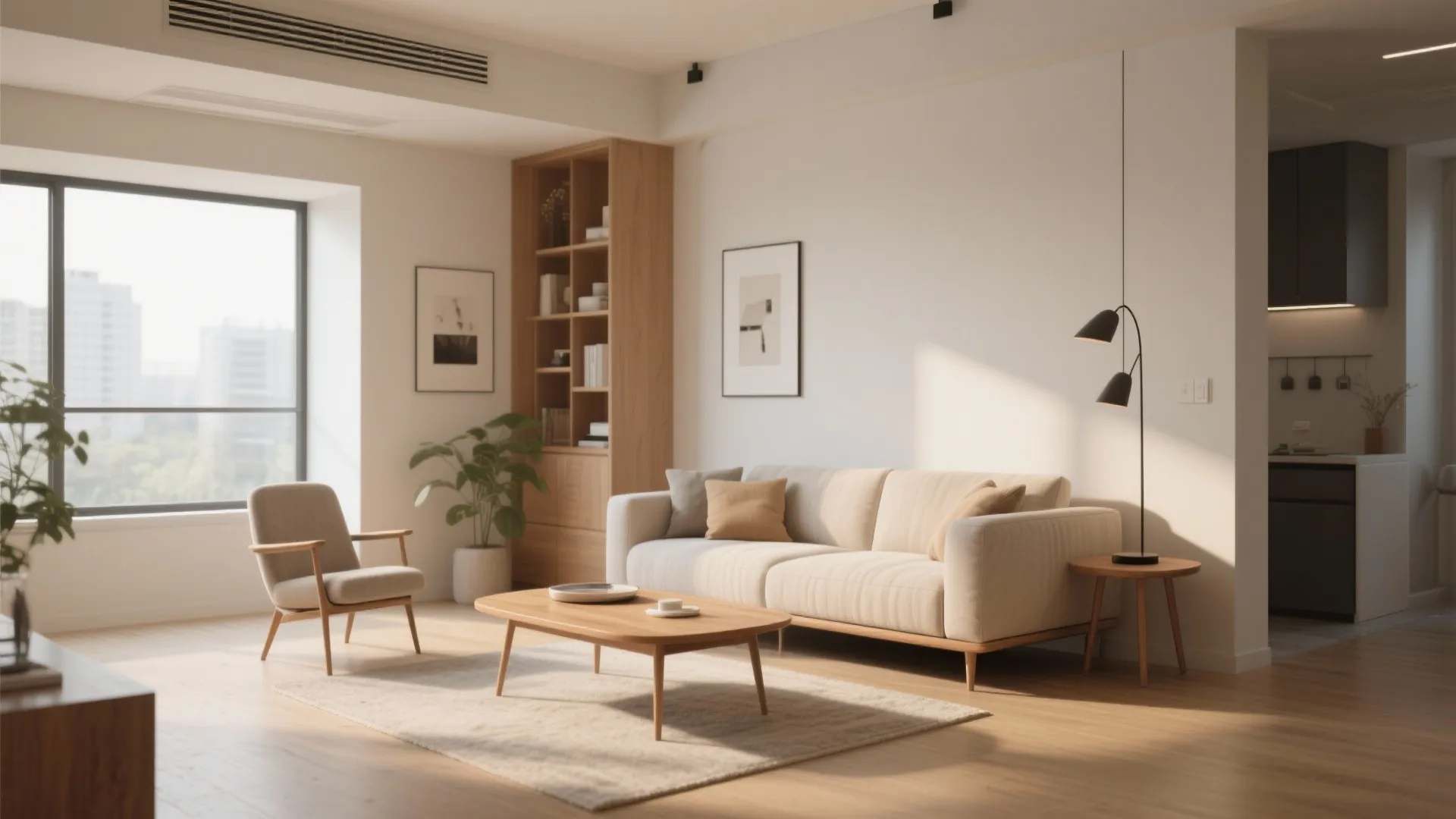 Minimalist living room with beige sofa wooden coffee table bookshelf floor lamp and natural sunlight shadows