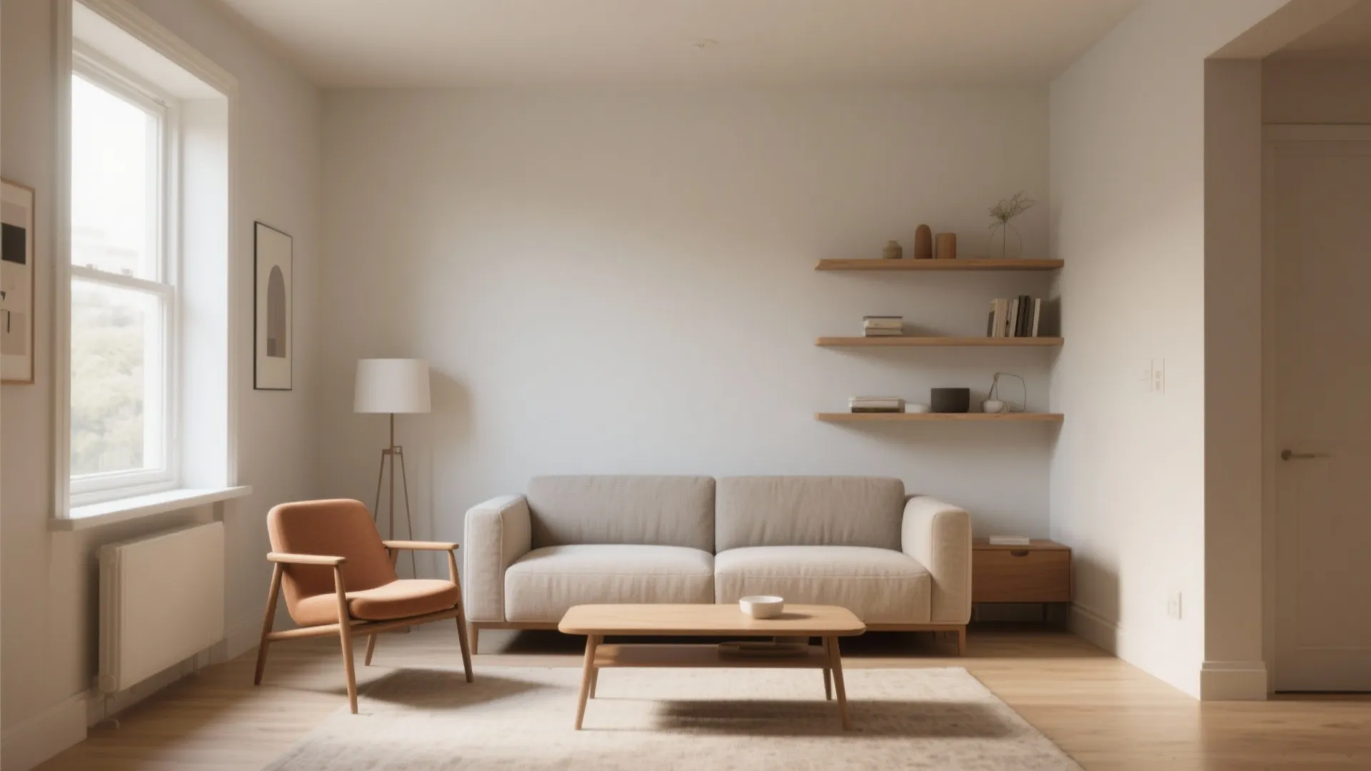 Minimalist living room with beige sofa orange armchair wooden coffee table and shelves on wall