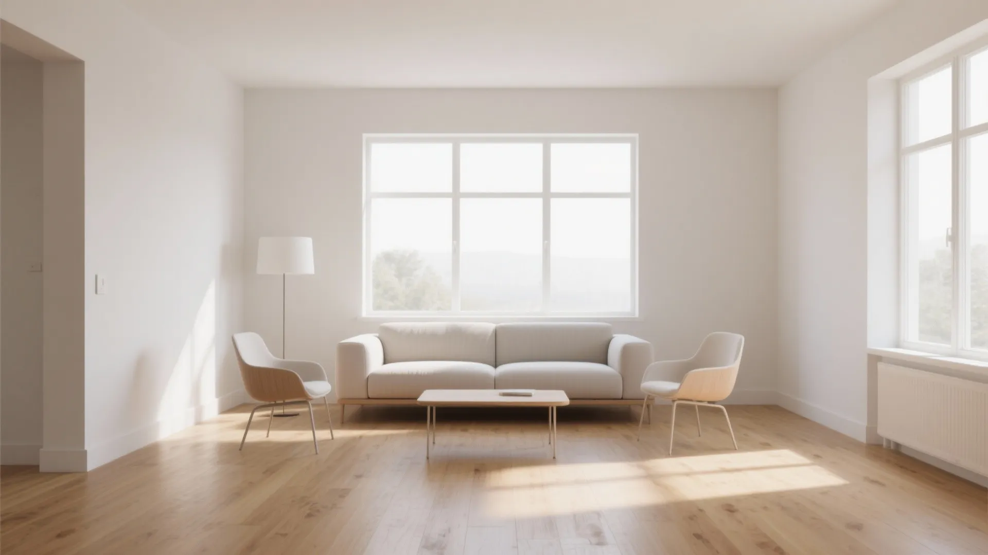 Minimalist living room with white walls wooden floor light grey sofa and two matching small chairs