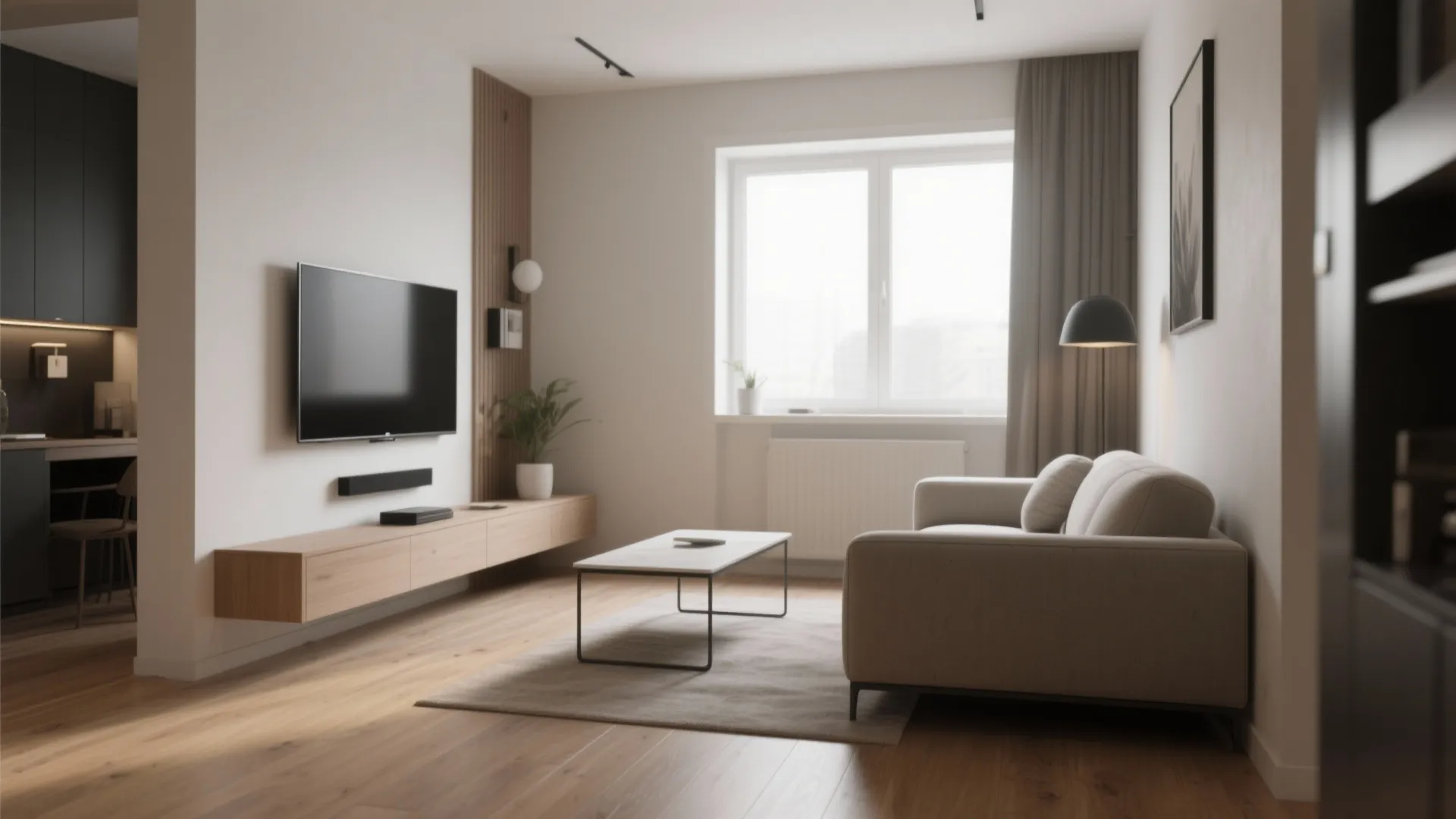 Minimalist living room showing wall mounted television light wooden cabinet beige sofa and small table