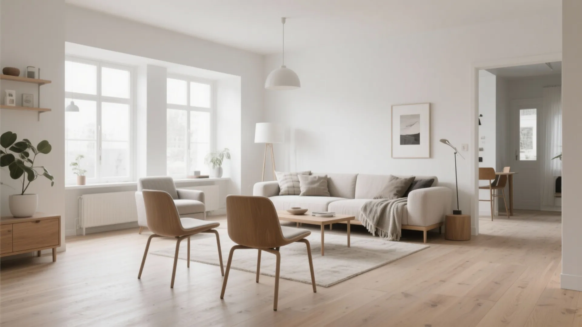 Bright minimalist living room featuring white sofa wooden chairs white walls and large bright windows