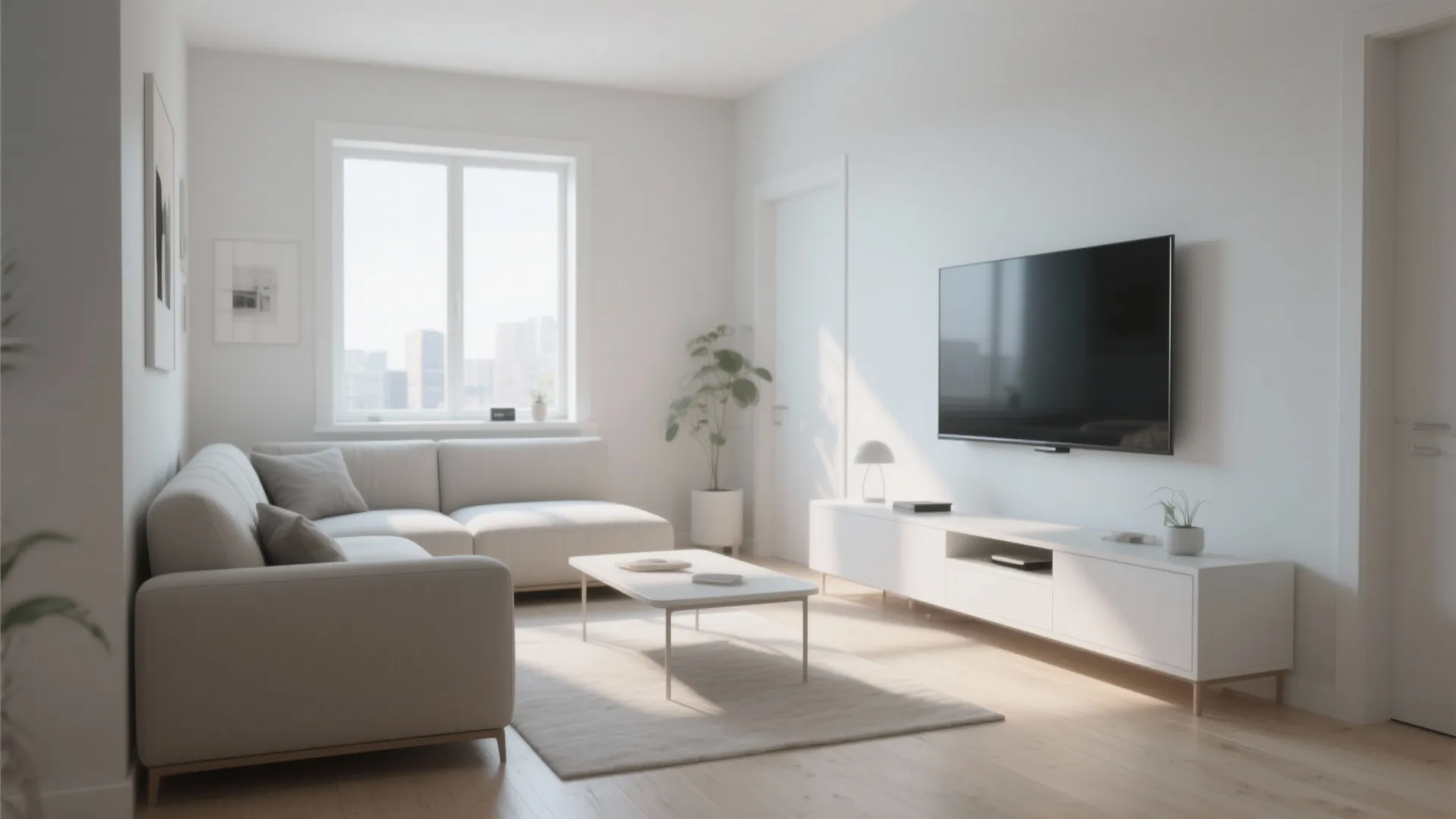 Minimalist small living room with neutral tones and compact sofa