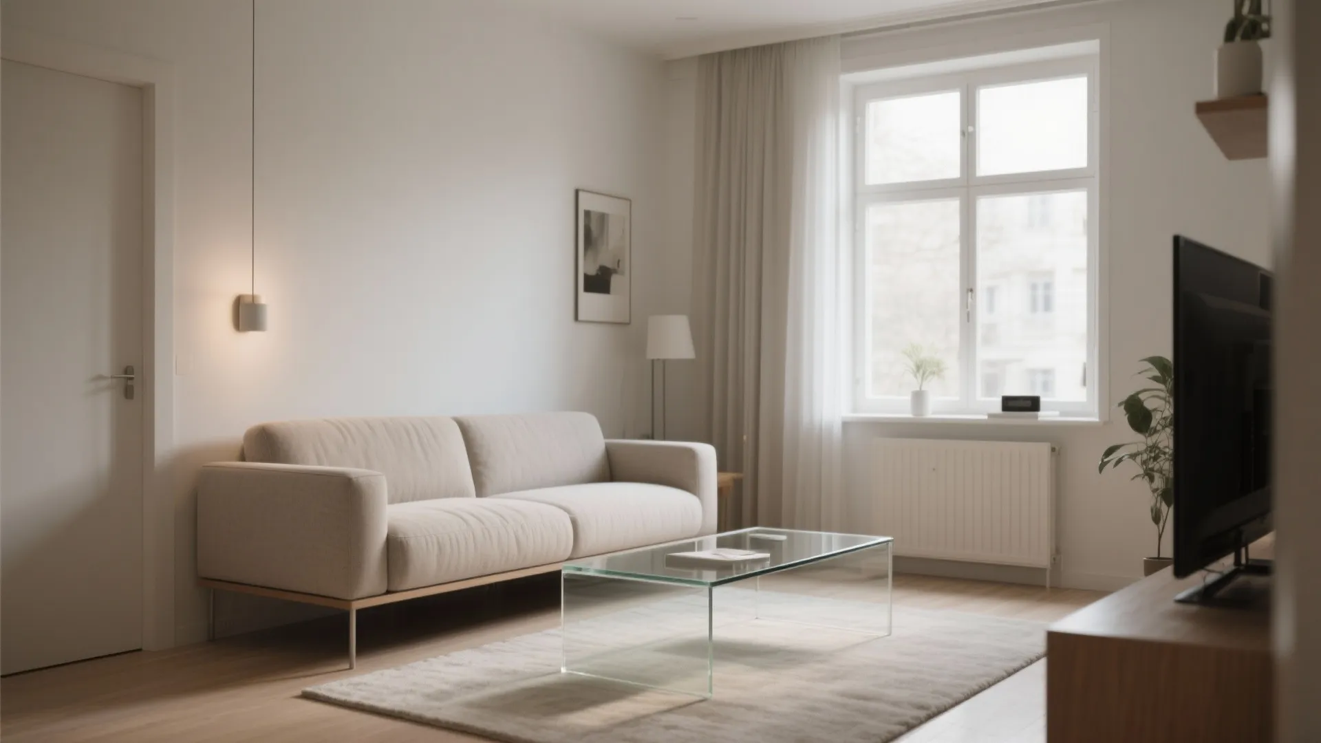 Minimalist living room with beige sofa glass coffee table wall light window and wooden floor