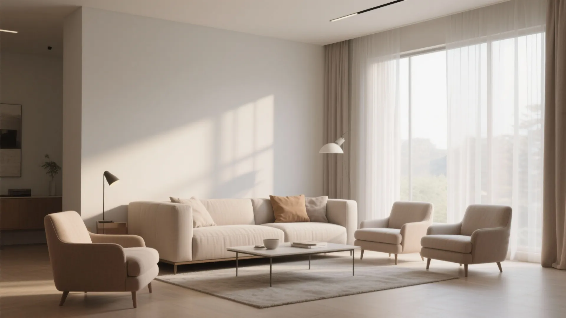 Minimalist living room with beige sofa three armchairs white coffee table rug and large window view