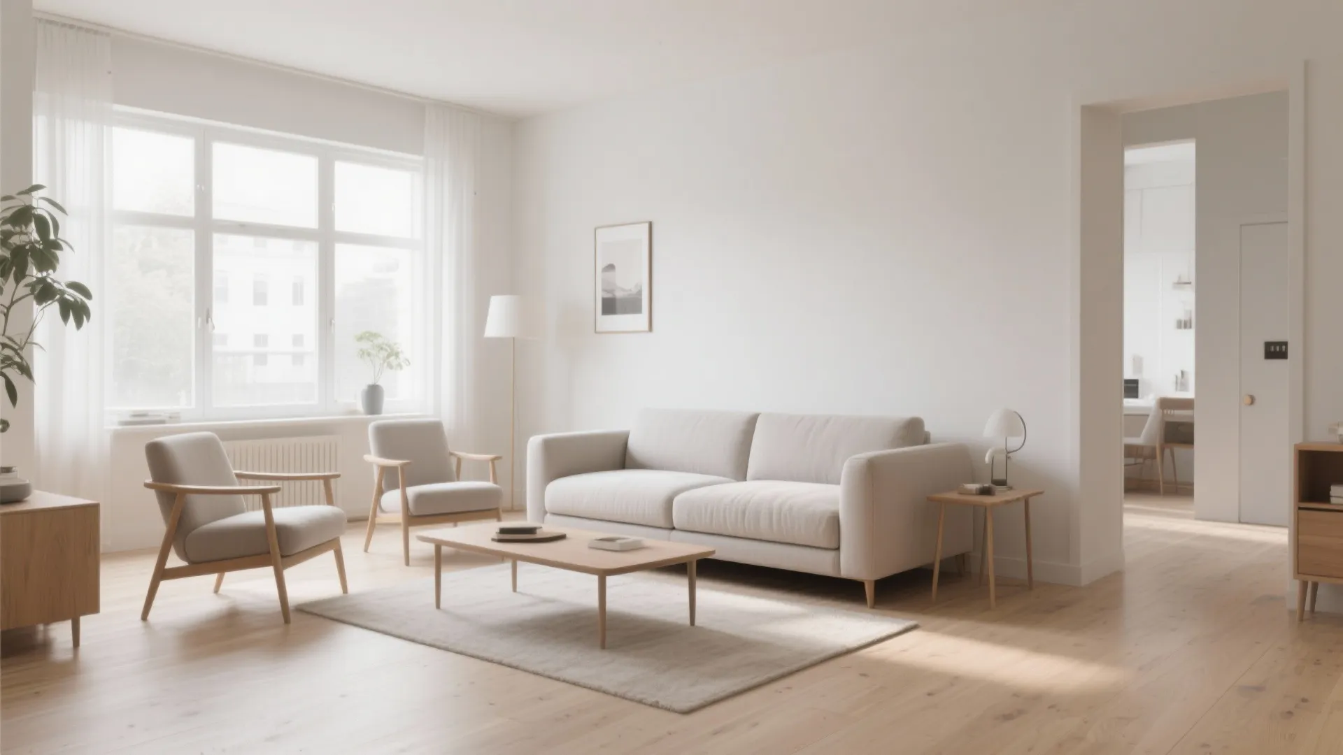 Bright minimalist living room featuring a white sofa two grey armchairs and a wooden table