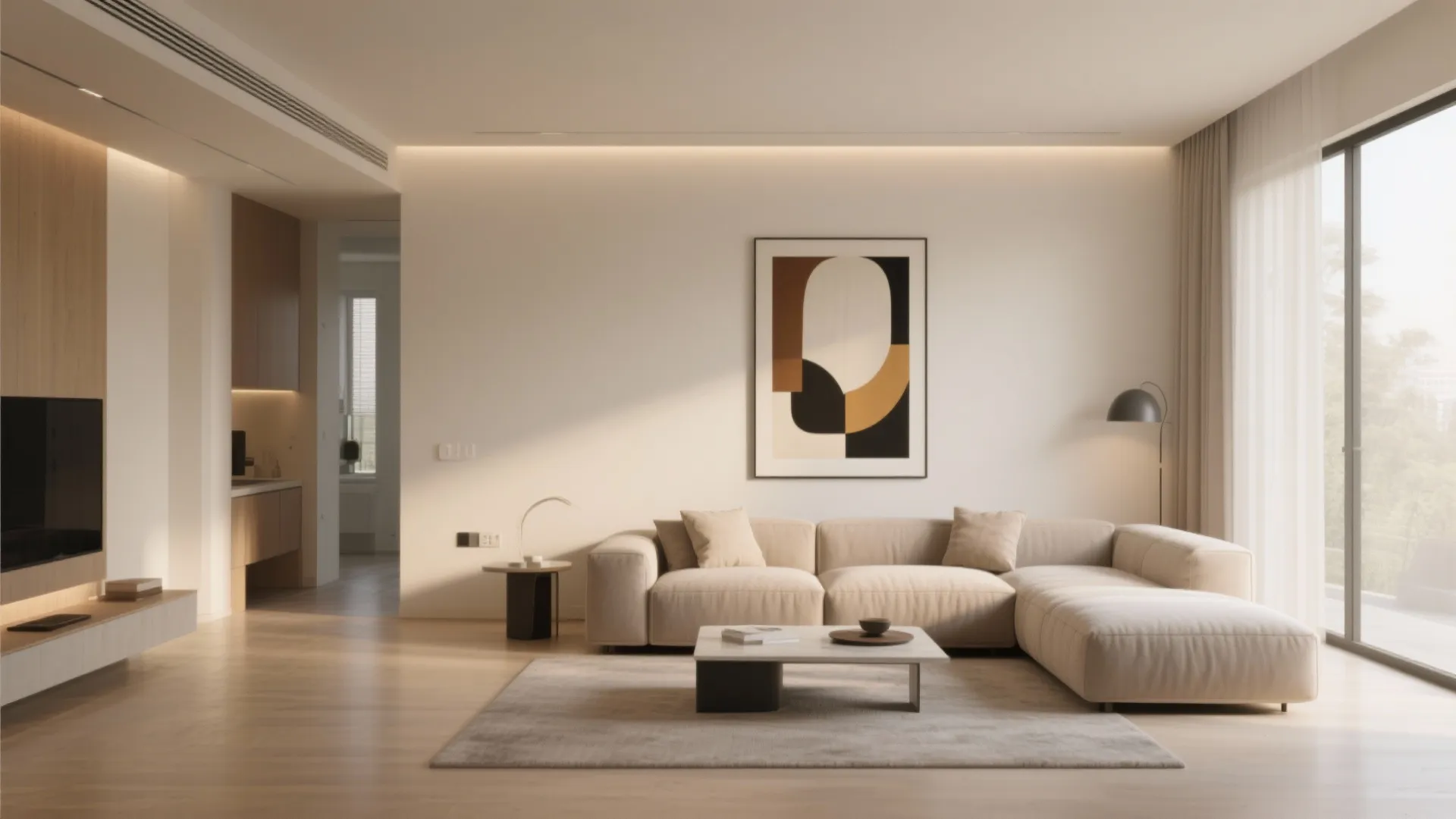 Minimalist living room with beige sectional sofa, modern art piece, wooden floor, and natural light