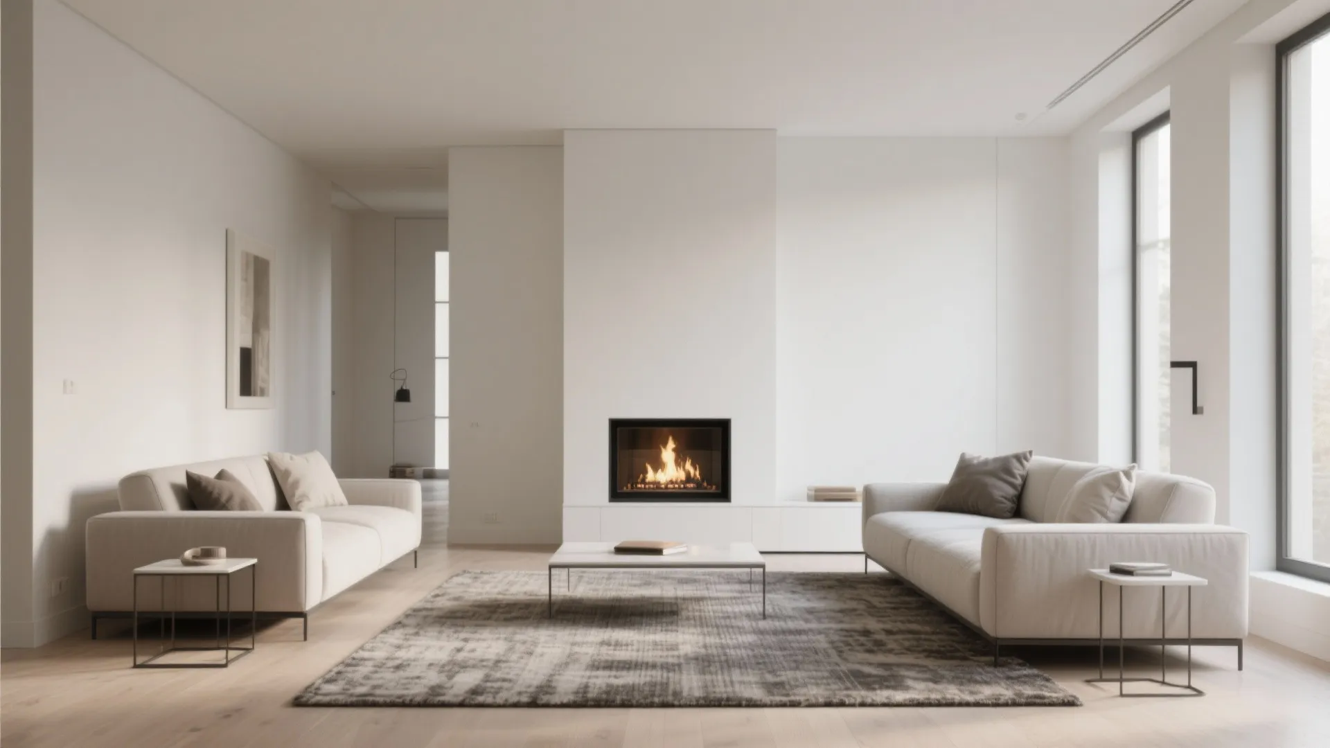 Minimalist white living room with two sofas facing each other and a small central fireplace