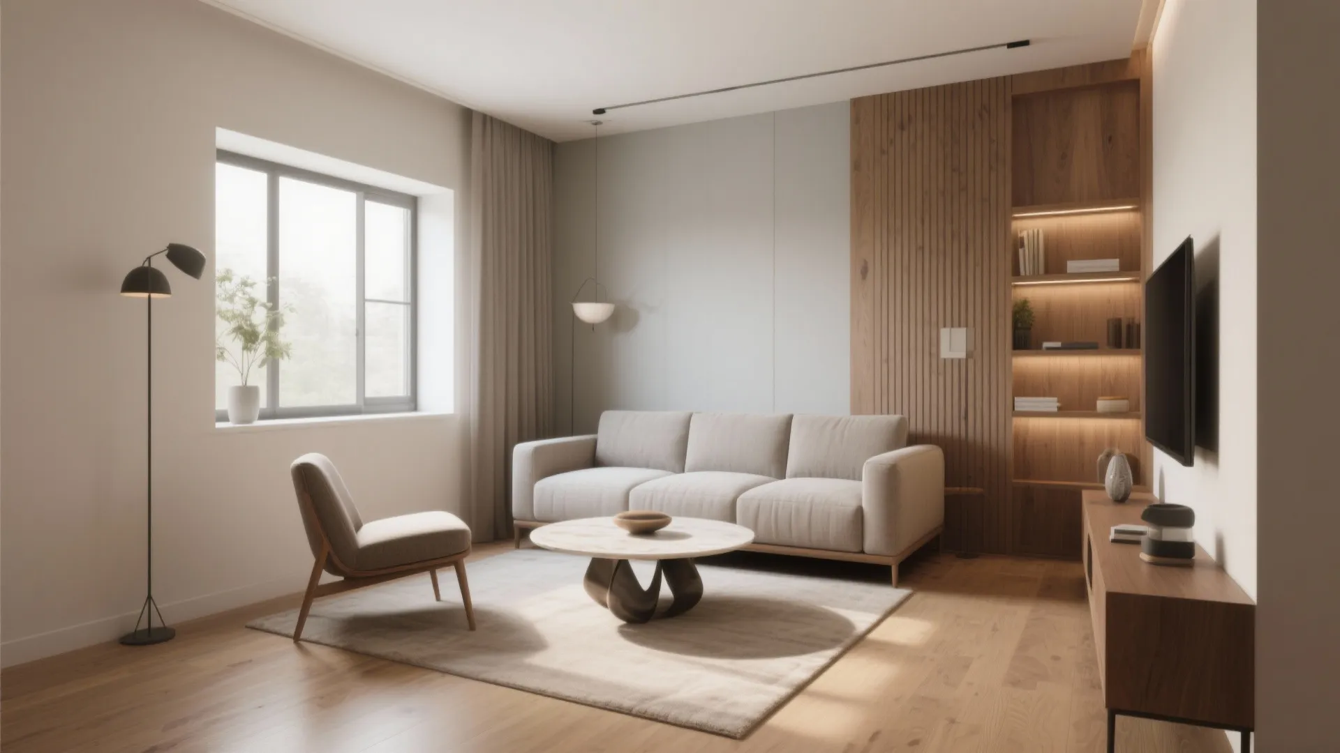 Minimalist living room with grey sofa round coffee table wooden wall panel and floor lamp design