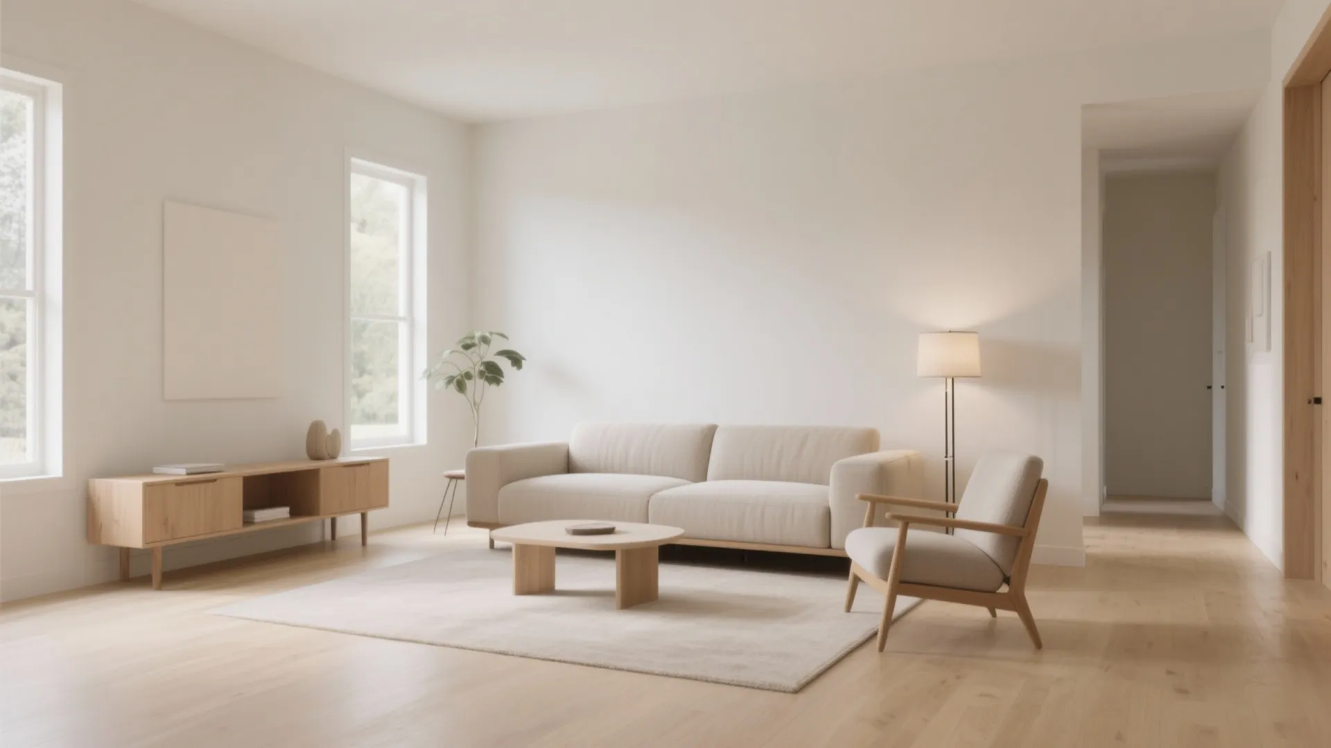 Minimalist living room featuring beige sofa wooden coffee table floor lamp armchair and light wood flooring