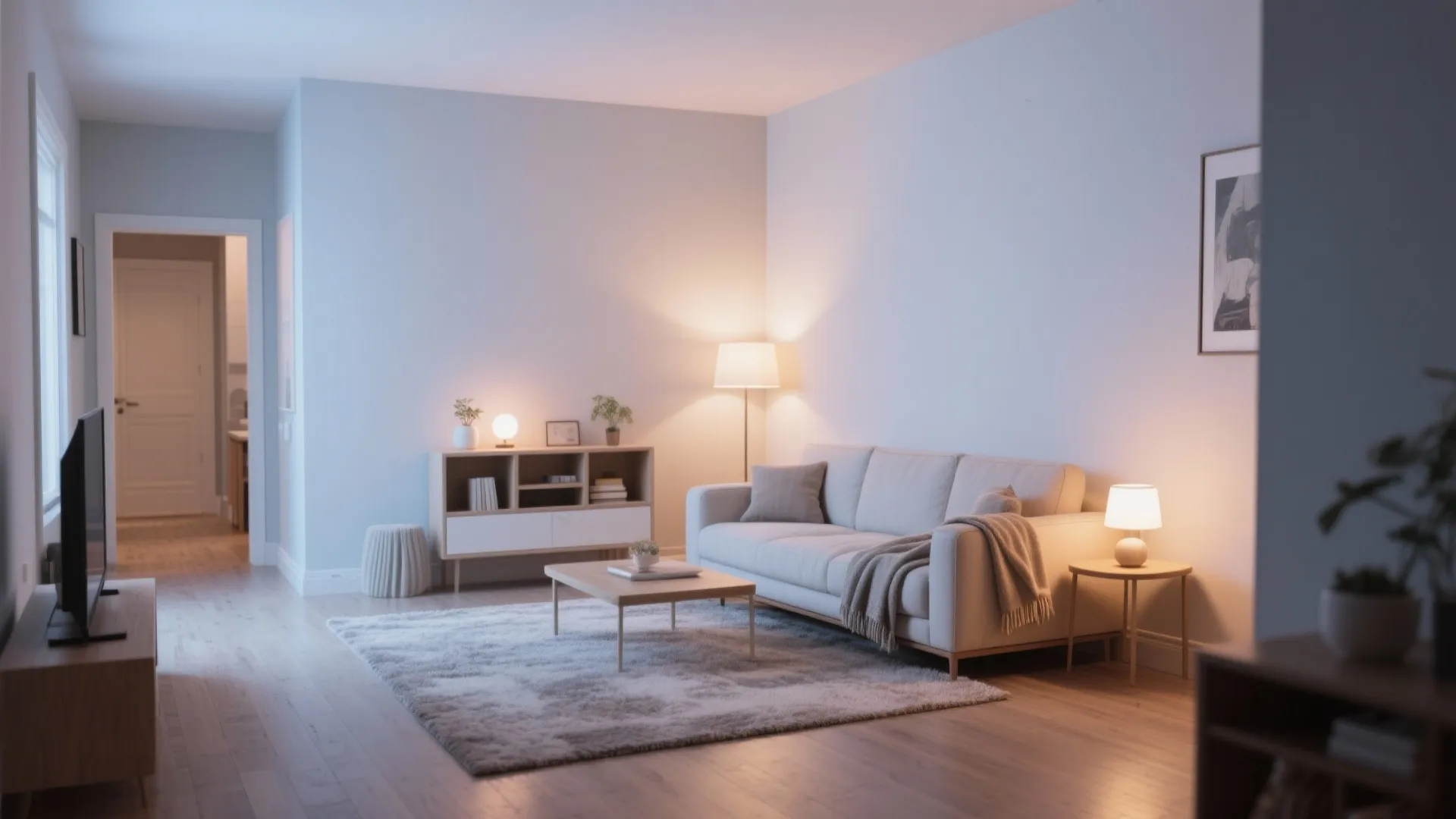 Minimalist living room with white sofa wooden coffee table floor lamp and soft warm lighting fixtures